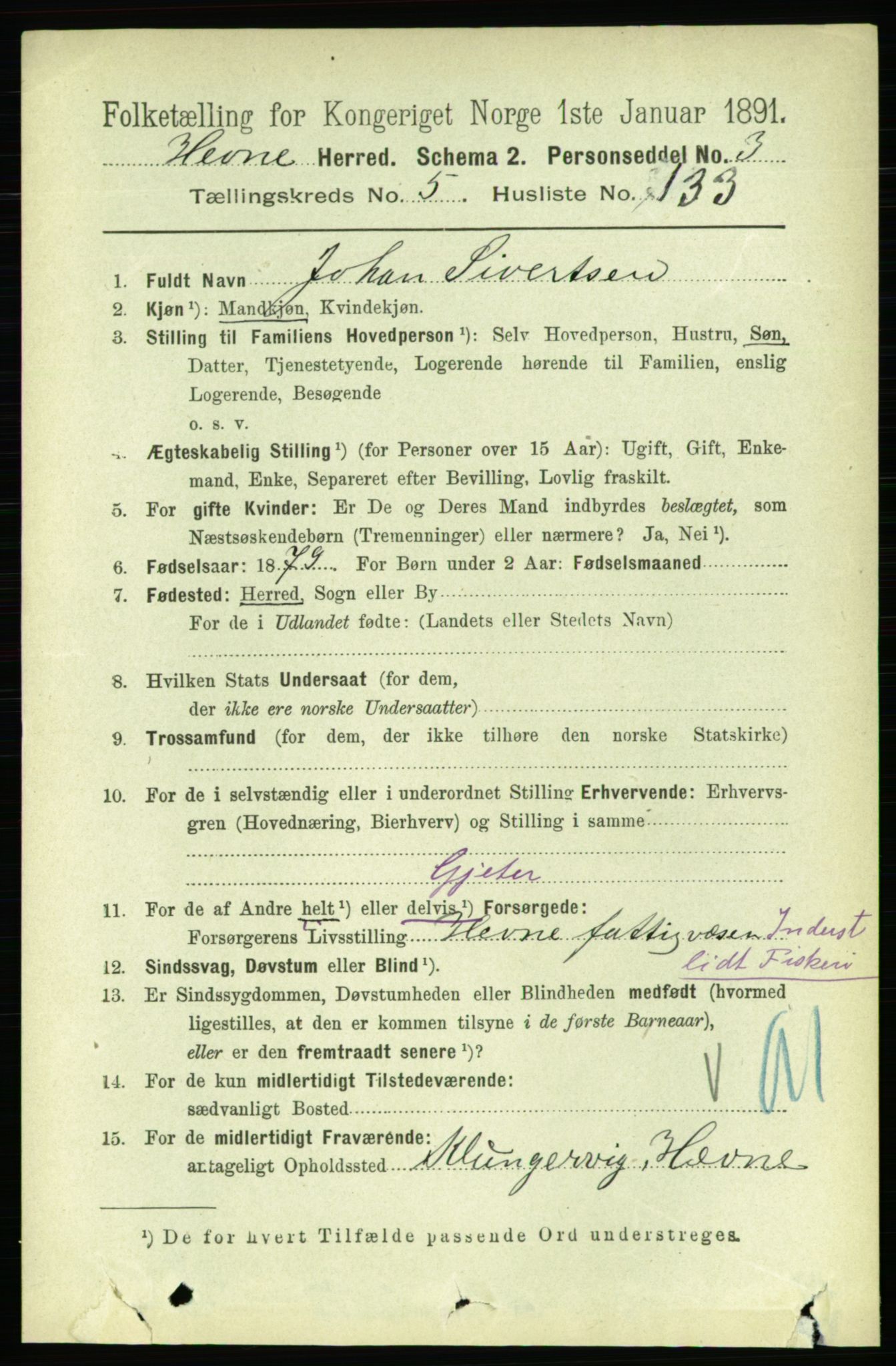 RA, 1891 census for 1612 Hemne, 1891, p. 3312