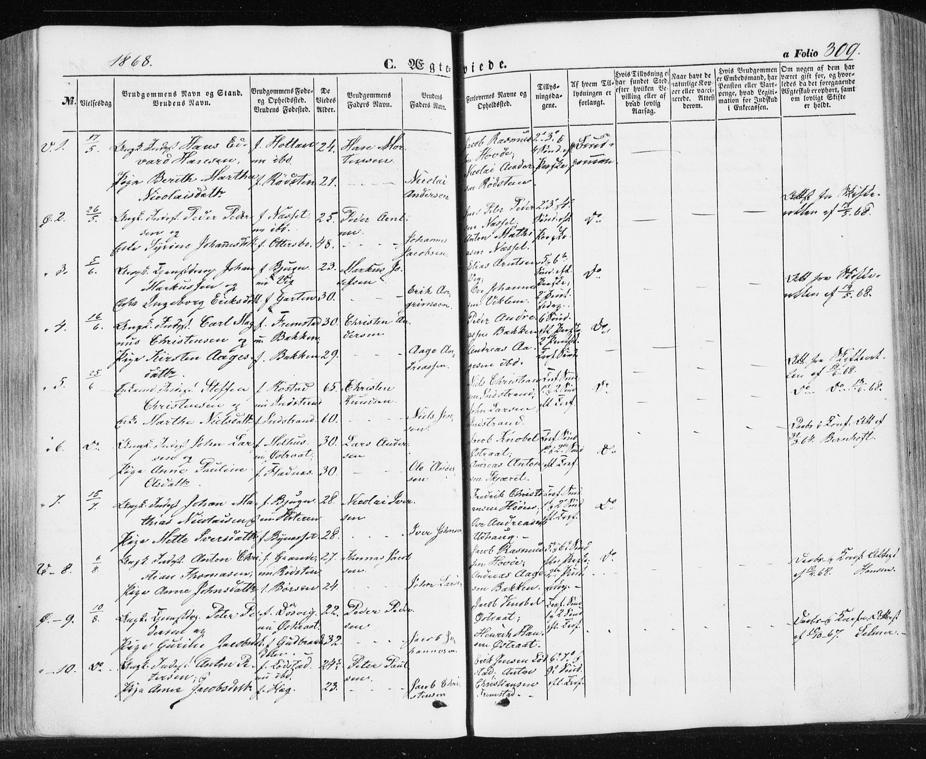 Ministerialprotokoller, klokkerbøker og fødselsregistre - Sør-Trøndelag, SAT/A-1456/659/L0737: Parish register (official) no. 659A07, 1857-1875, p. 309