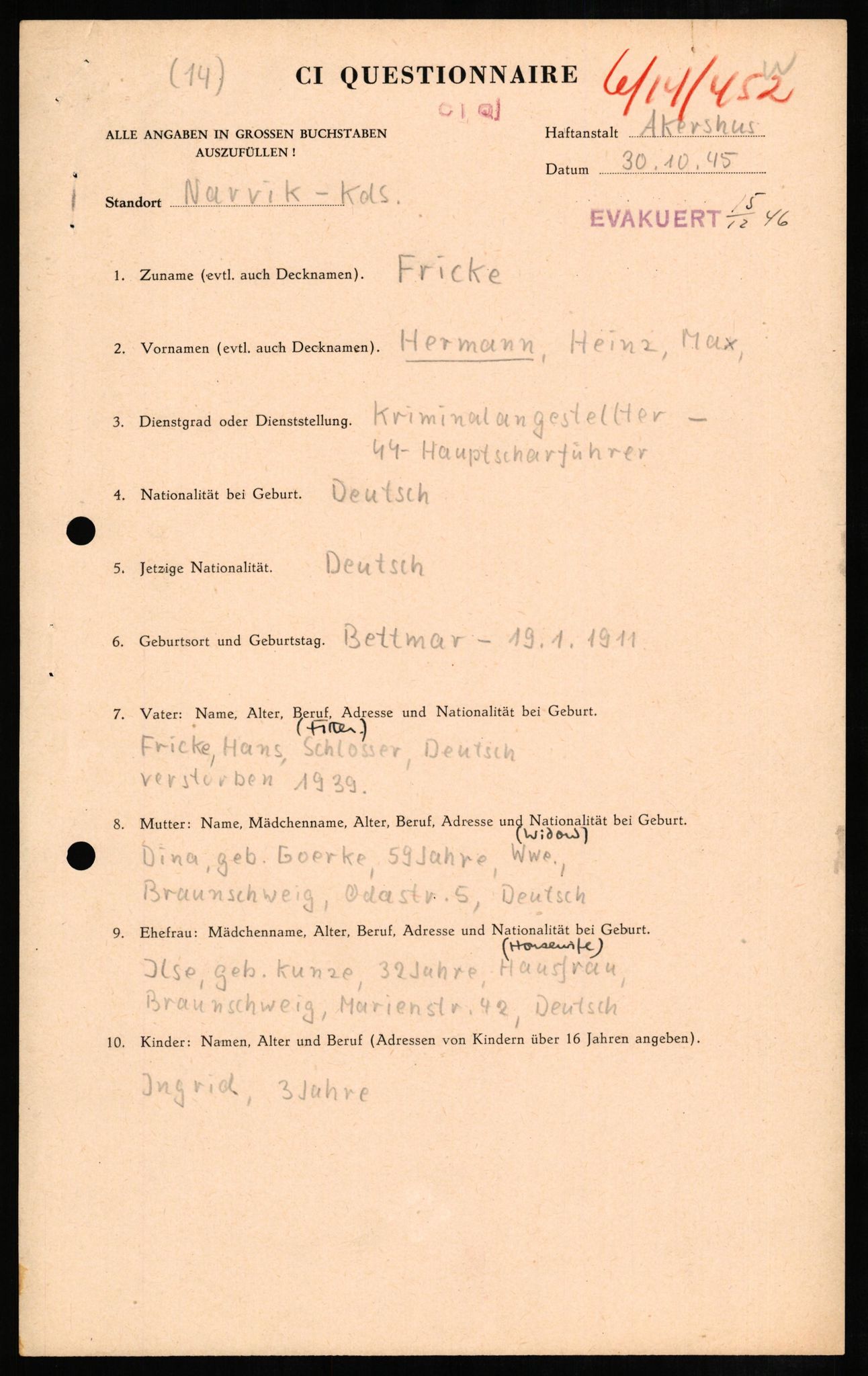 Forsvaret, Forsvarets overkommando II, AV/RA-RAFA-3915/D/Db/L0008: CI Questionaires. Tyske okkupasjonsstyrker i Norge. Tyskere., 1945-1946, p. 332