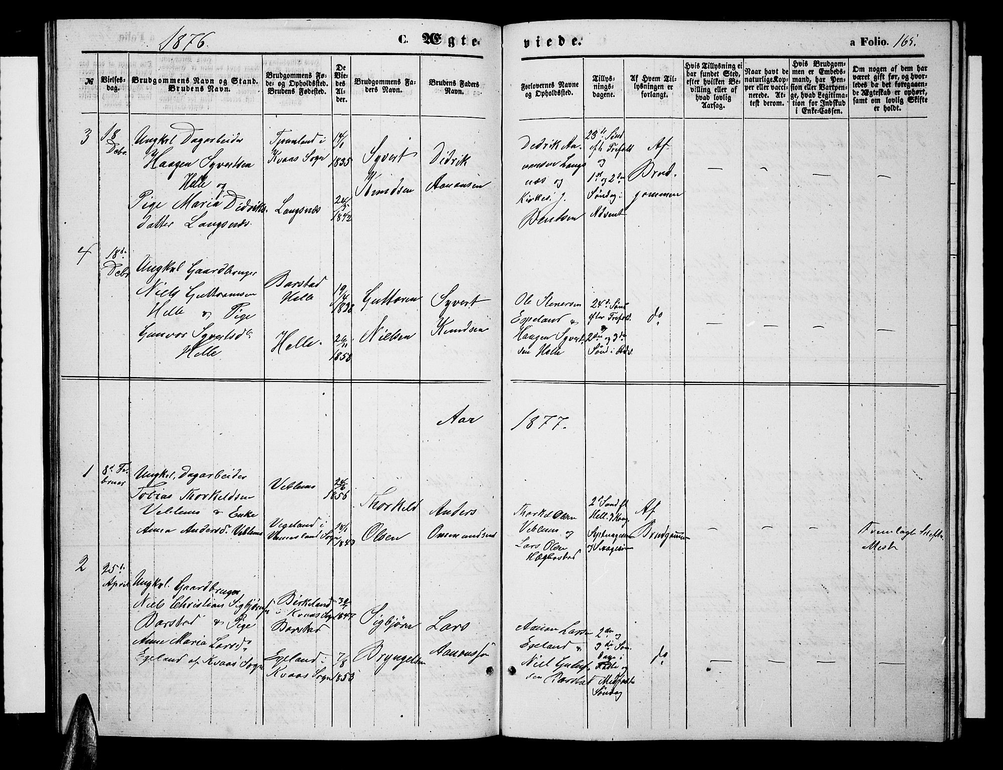 Nord-Audnedal sokneprestkontor, AV/SAK-1111-0032/F/Fb/Fba/L0002: Parish register (copy) no. B 2, 1856-1882, p. 165