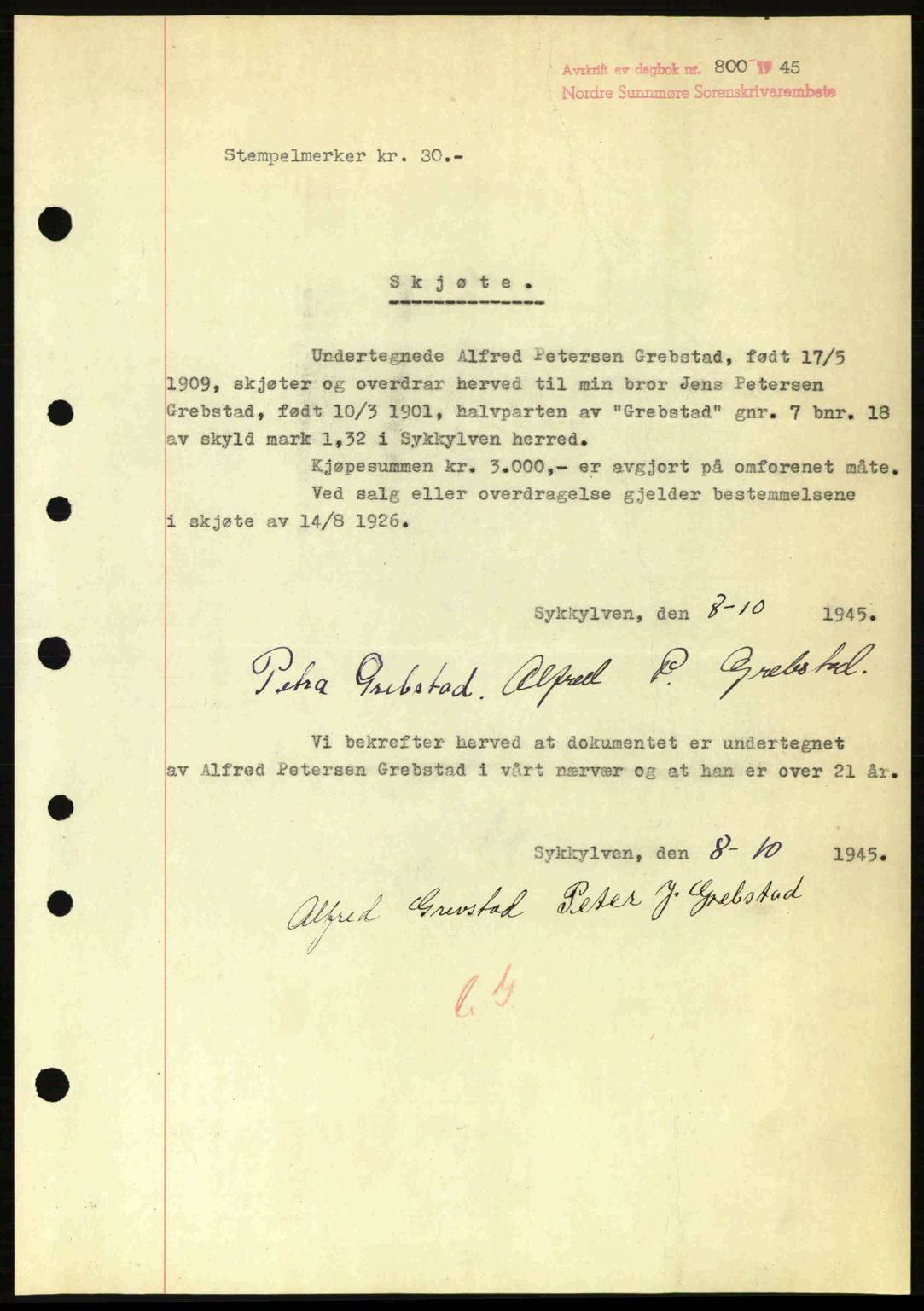 Nordre Sunnmøre sorenskriveri, AV/SAT-A-0006/1/2/2C/2Ca: Mortgage book no. A20a, 1945-1945, Diary no: : 800/1945