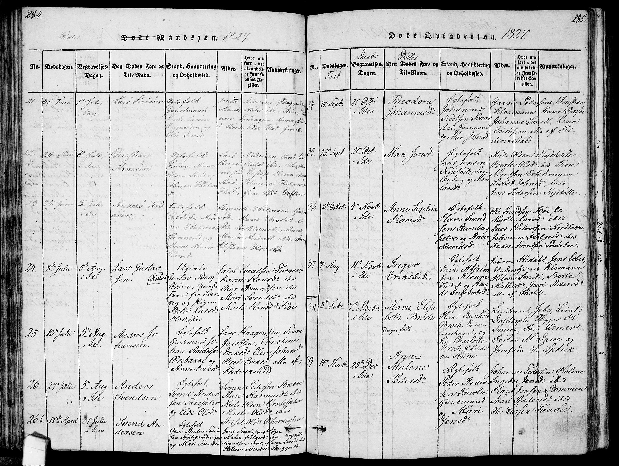 Idd prestekontor Kirkebøker, AV/SAO-A-10911/F/Fc/L0002: Parish register (official) no. III 2, 1815-1831, p. 284-285