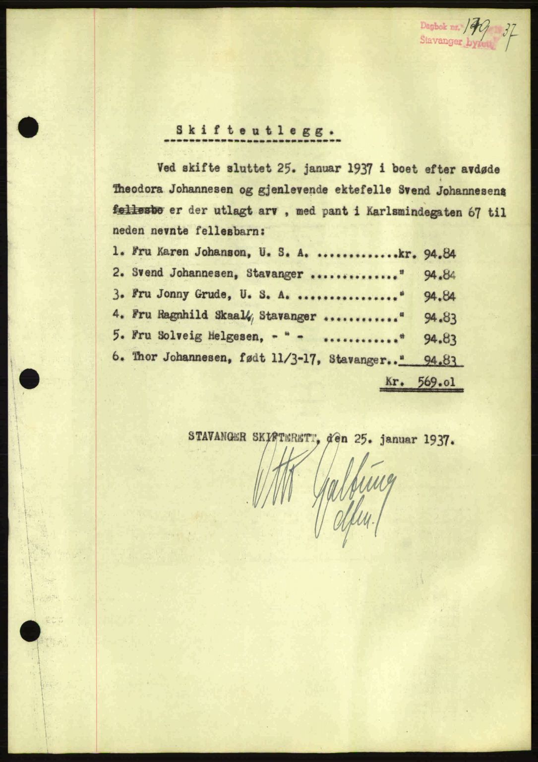 Stavanger byrett, SAST/A-100455/002/G/Gb/L0026: Mortgage book no. B1, 1936-1937, Diary no: : 179/1937