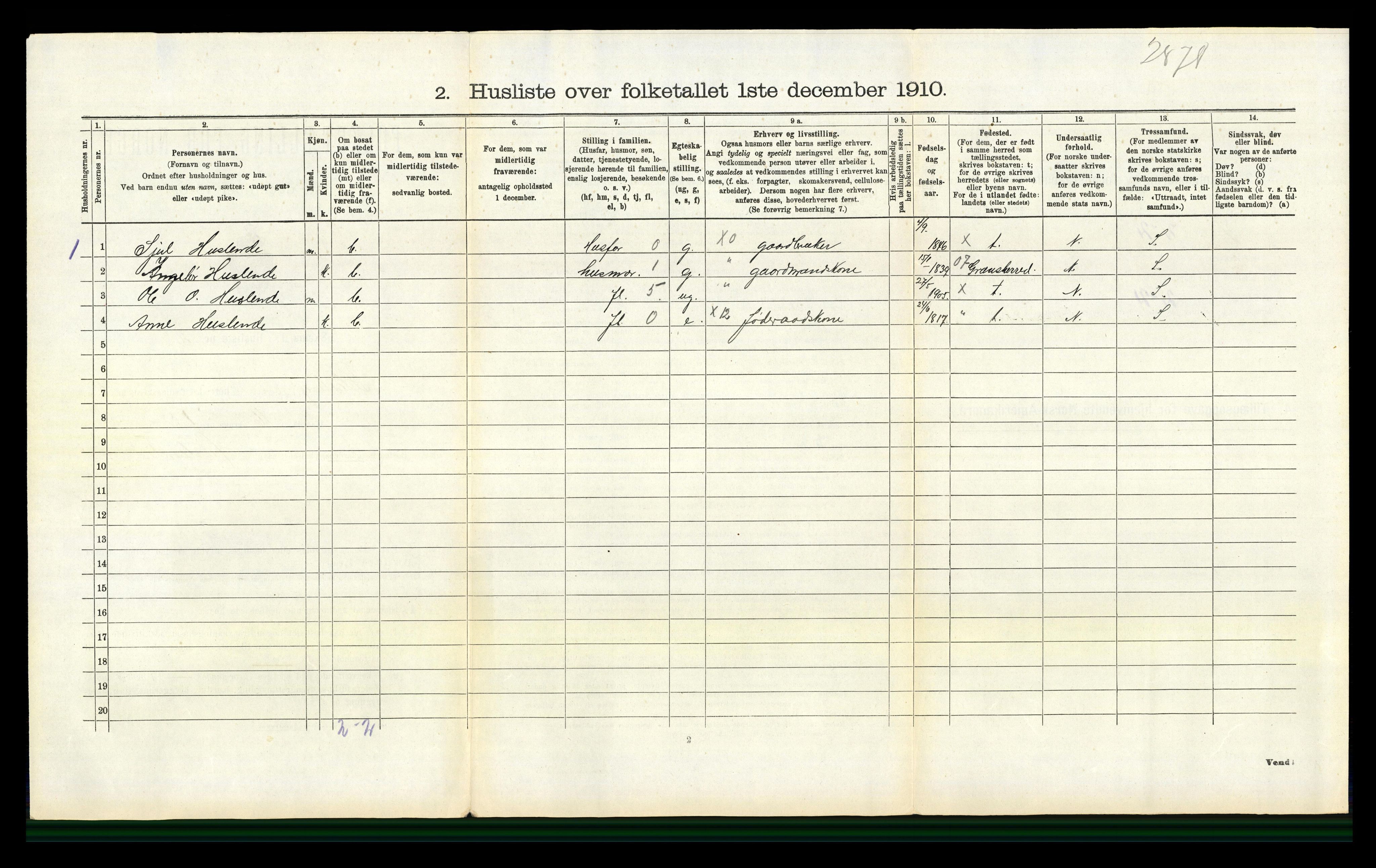 RA, 1910 census for Flesberg, 1910, p. 308