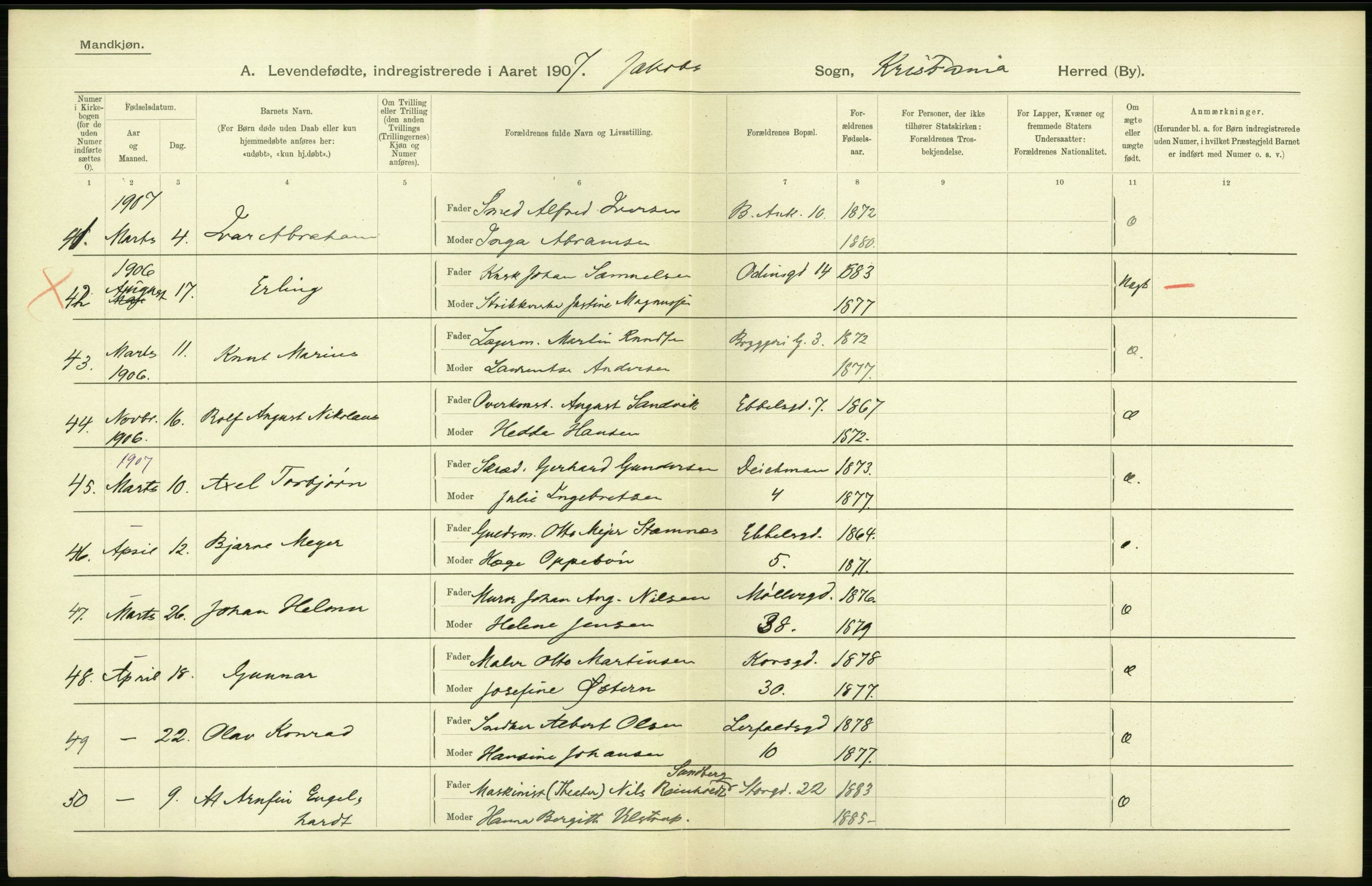 Statistisk sentralbyrå, Sosiodemografiske emner, Befolkning, AV/RA-S-2228/D/Df/Dfa/Dfae/L0007: Kristiania: Levendefødte menn og kvinner., 1907, p. 384