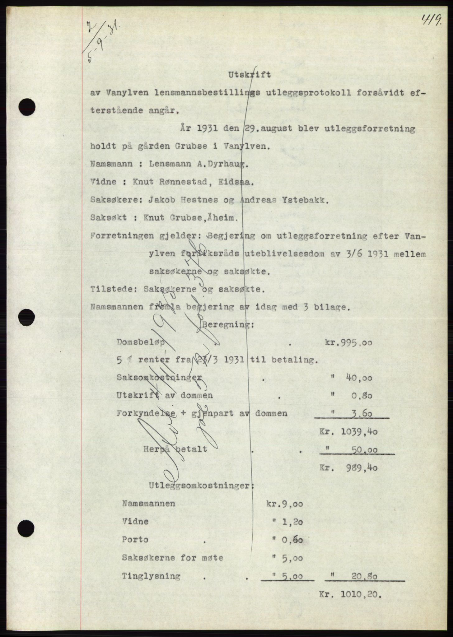 Søre Sunnmøre sorenskriveri, AV/SAT-A-4122/1/2/2C/L0052: Mortgage book no. 46, 1931-1931, Deed date: 05.09.1931