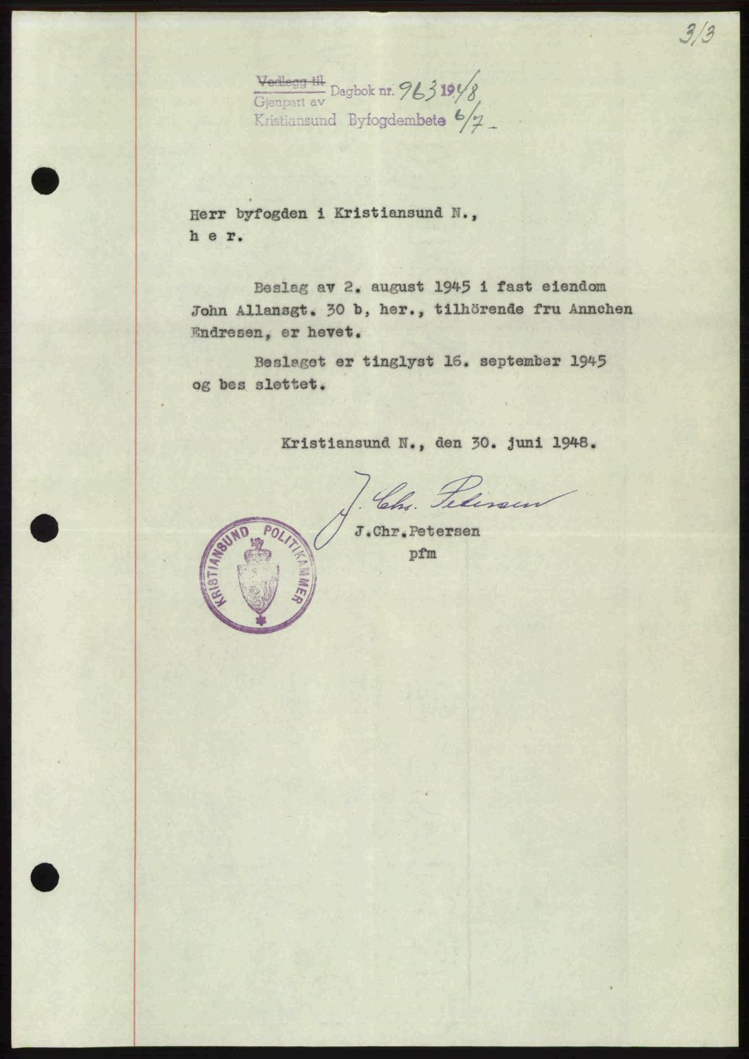 Kristiansund byfogd, AV/SAT-A-4587/A/27: Mortgage book no. 44, 1947-1948, Diary no: : 963/1948