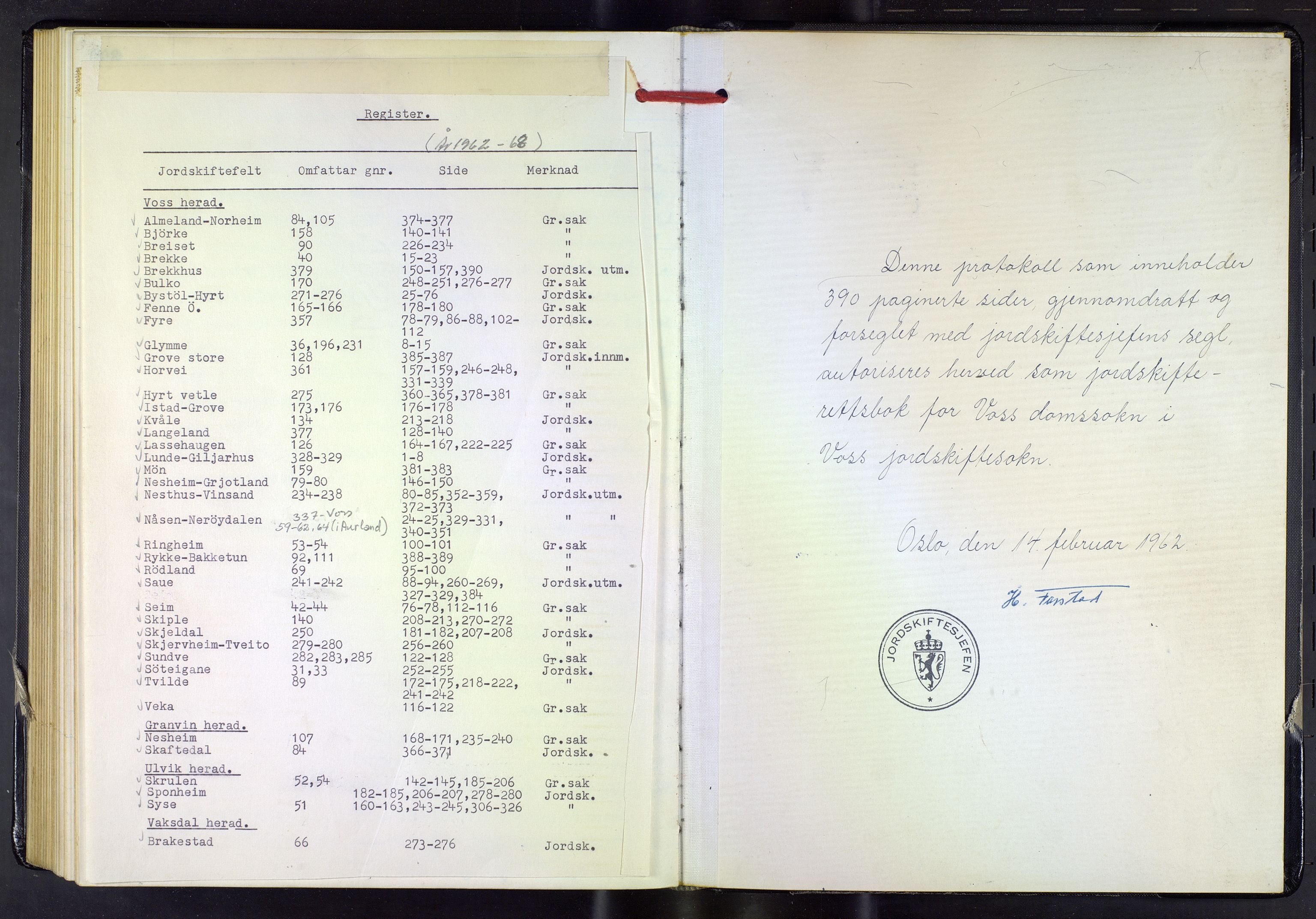 Hordaland jordskiftedøme - V Voss jordskiftedistrikt, AV/SAB-A-7201/A/Aa/L0040: Forhandlingsprotokoll, 1962-1968