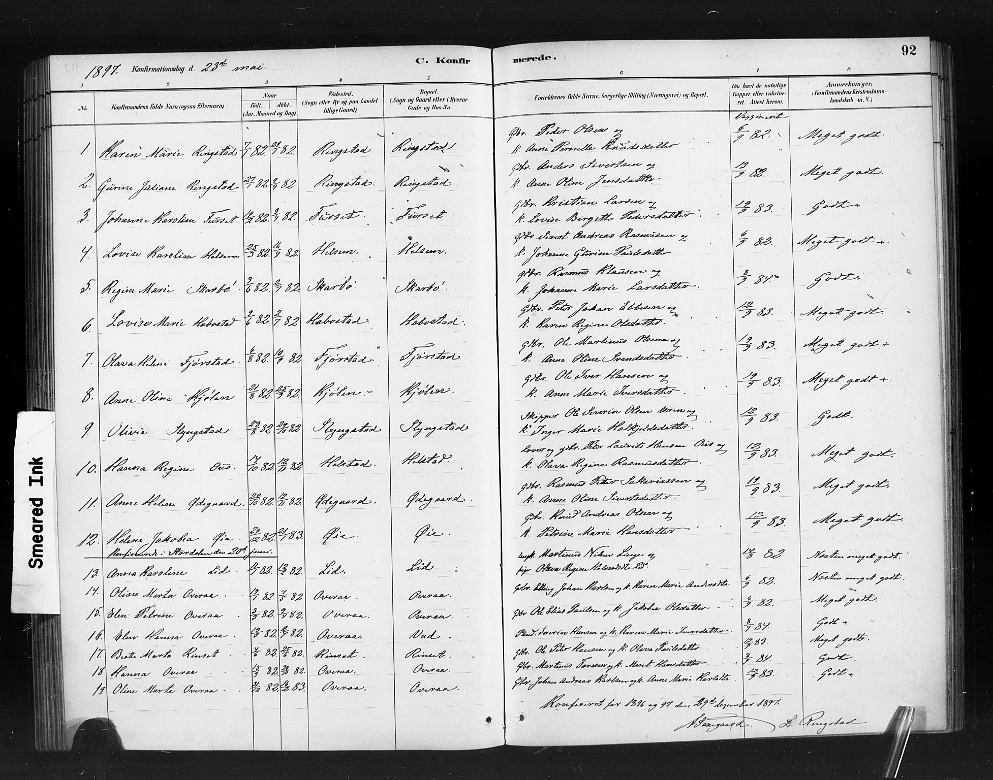 Ministerialprotokoller, klokkerbøker og fødselsregistre - Møre og Romsdal, SAT/A-1454/520/L0283: Parish register (official) no. 520A12, 1882-1898, p. 92