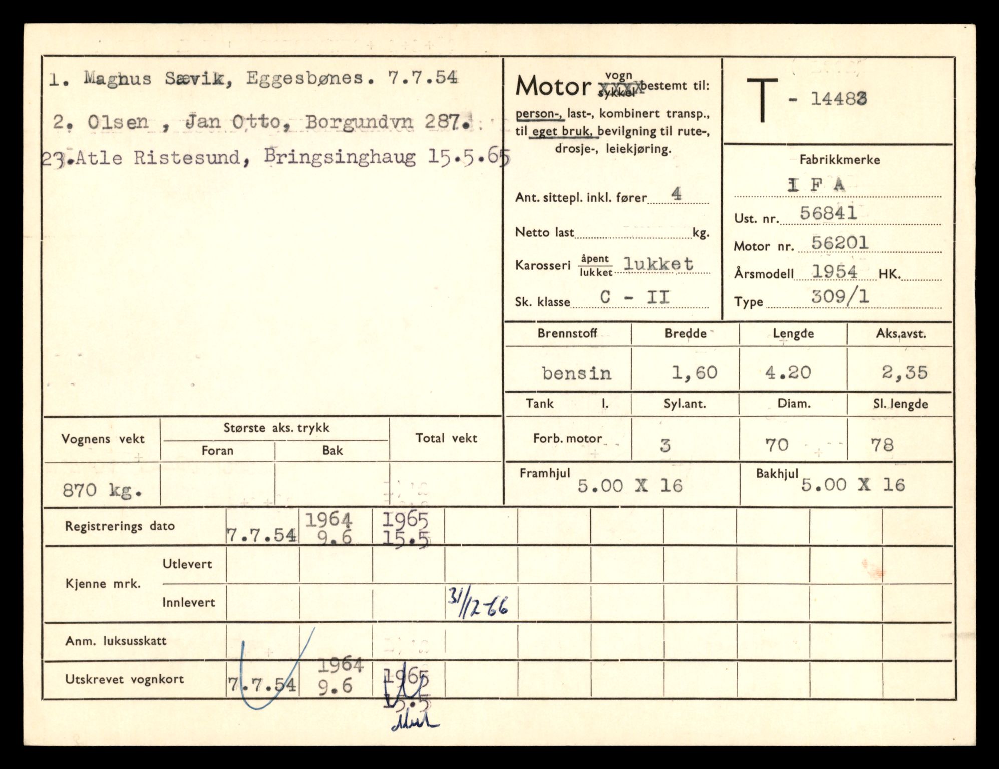 Møre og Romsdal vegkontor - Ålesund trafikkstasjon, AV/SAT-A-4099/F/Fe/L0046: Registreringskort for kjøretøy T 14445 - T 14579, 1927-1998