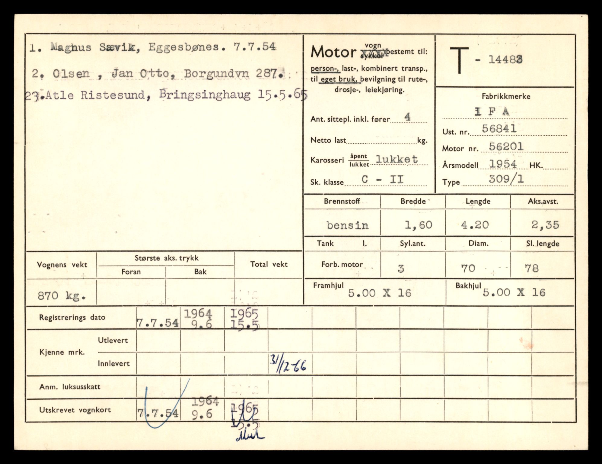 Møre og Romsdal vegkontor - Ålesund trafikkstasjon, SAT/A-4099/F/Fe/L0046: Registreringskort for kjøretøy T 14445 - T 14579, 1927-1998