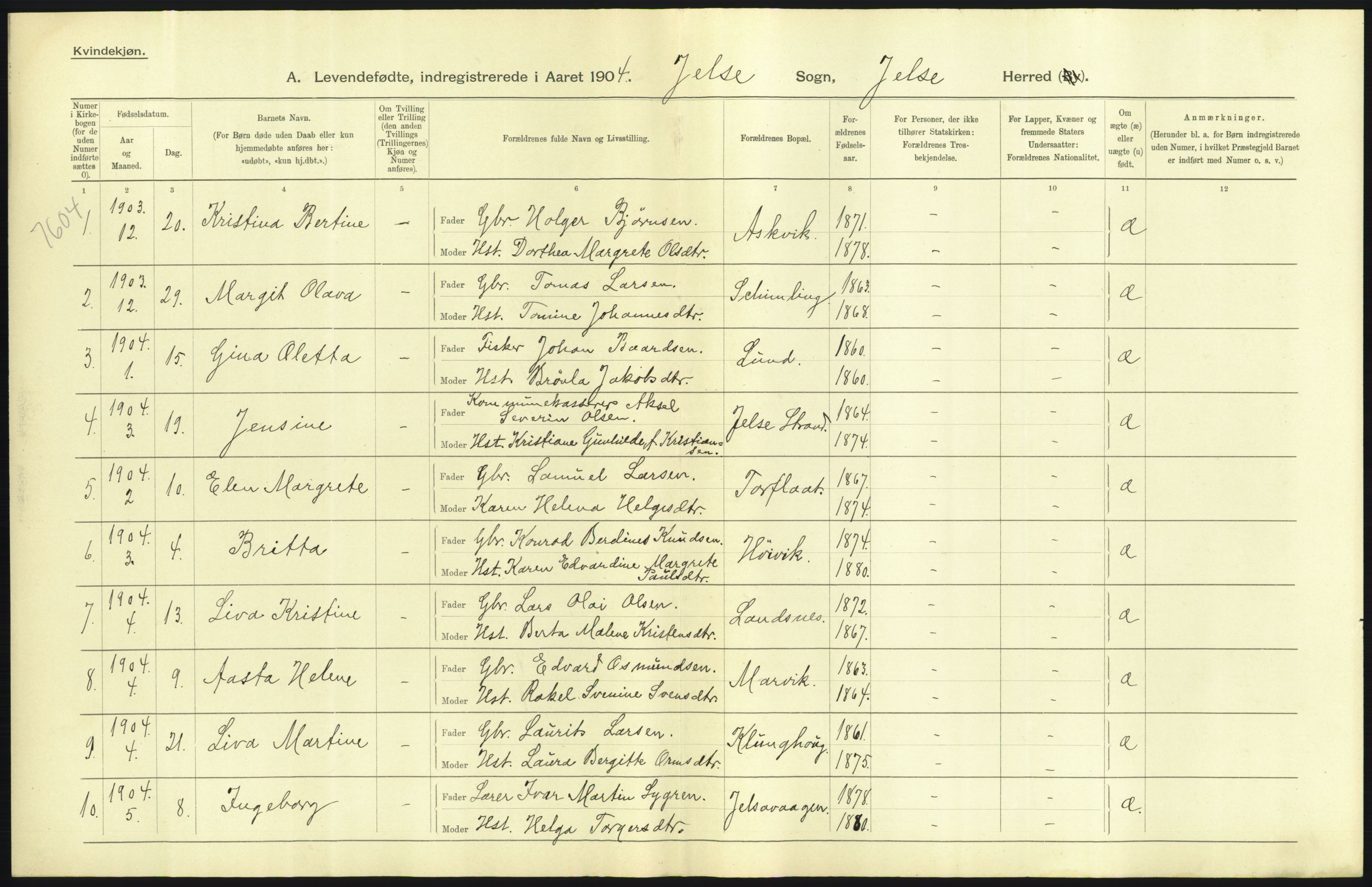 Statistisk sentralbyrå, Sosiodemografiske emner, Befolkning, AV/RA-S-2228/D/Df/Dfa/Dfab/L0012: Stavanger amt: Fødte, gifte, døde, 1904, p. 351