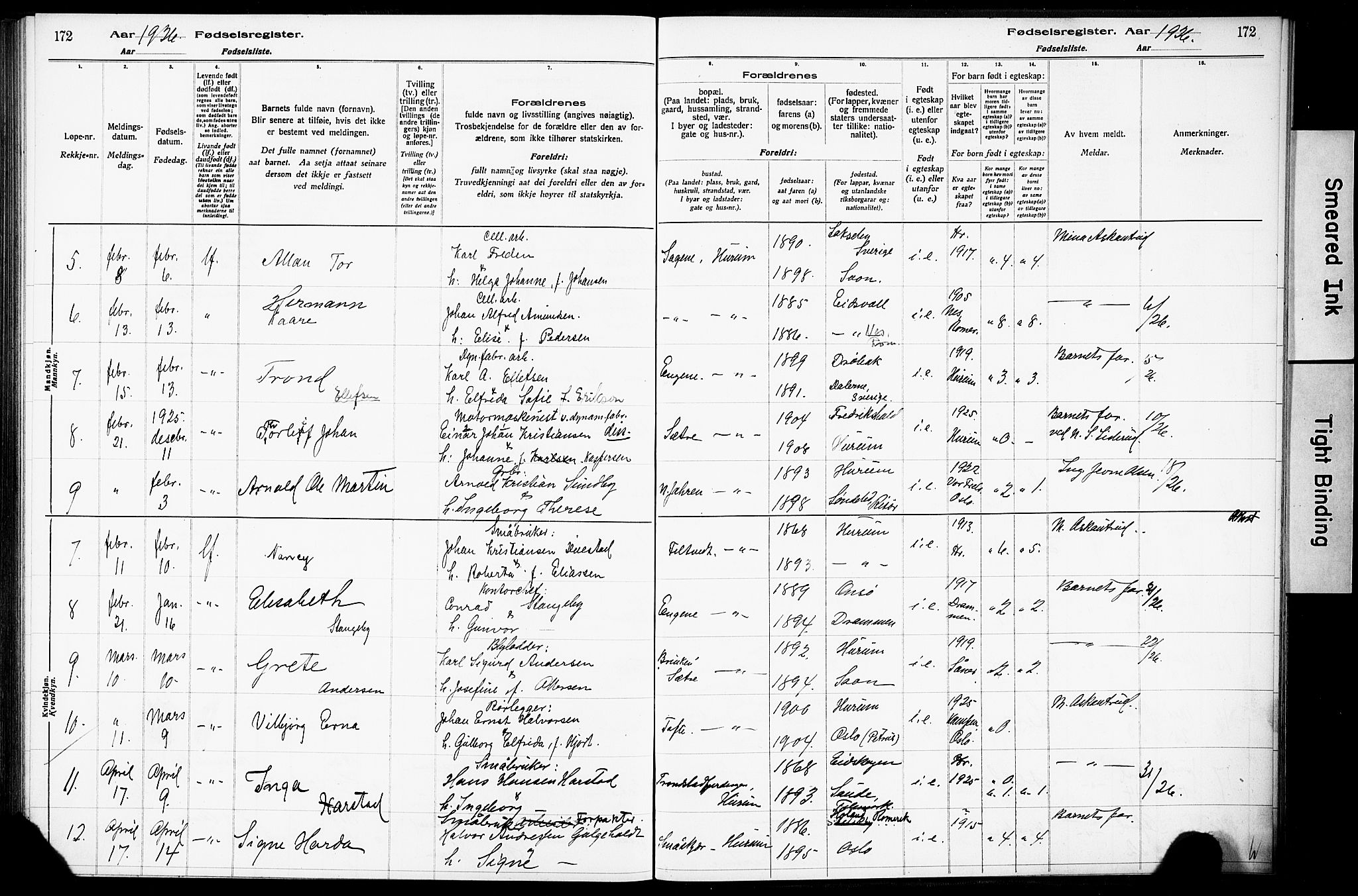 Hurum kirkebøker, AV/SAKO-A-229/J/Ja/L0001: Birth register no. 1, 1916-1928, p. 172