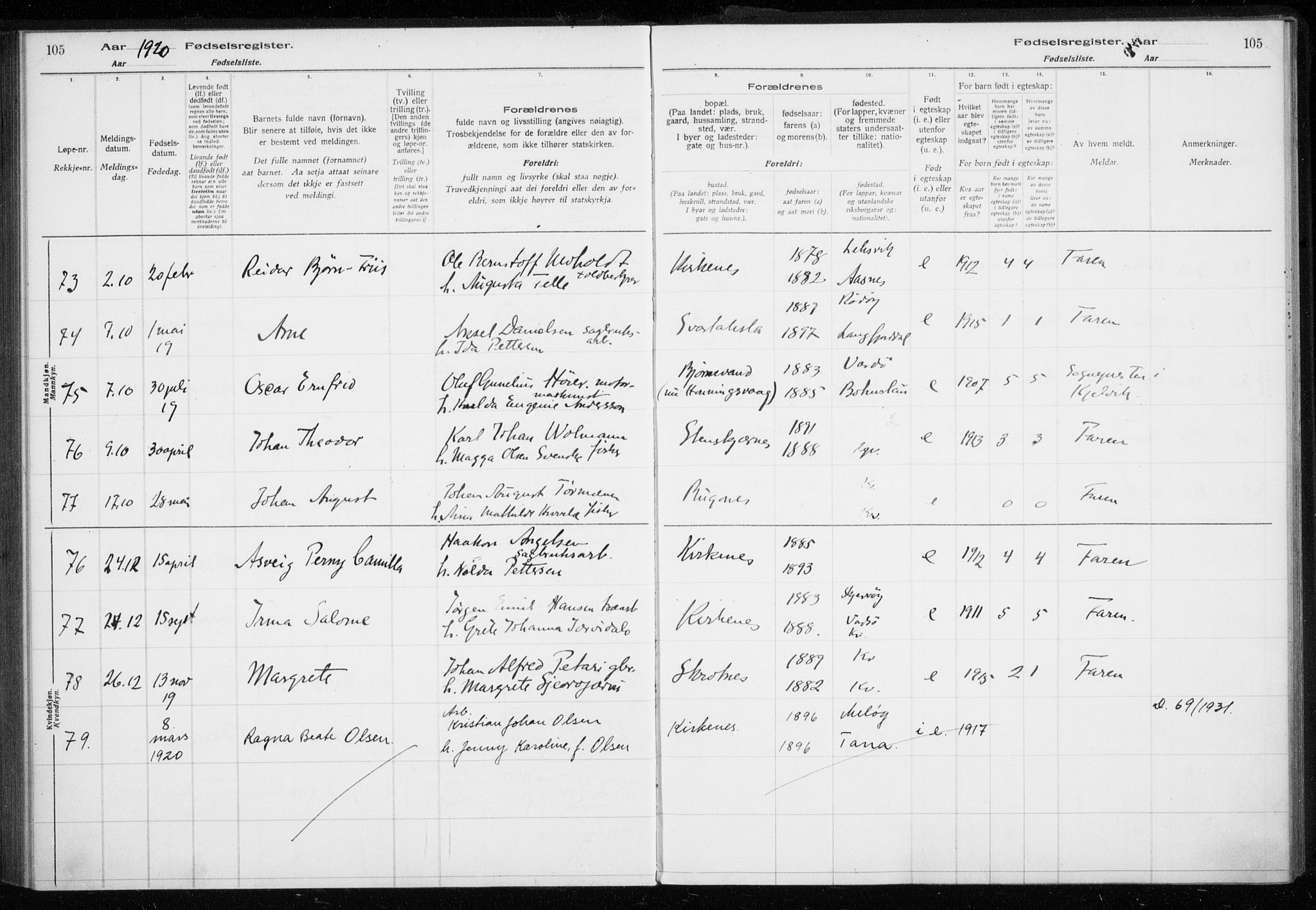 Sør-Varanger sokneprestkontor, AV/SATØ-S-1331/I/Ia/L0016: Birth register no. 16, 1915-1925, p. 105