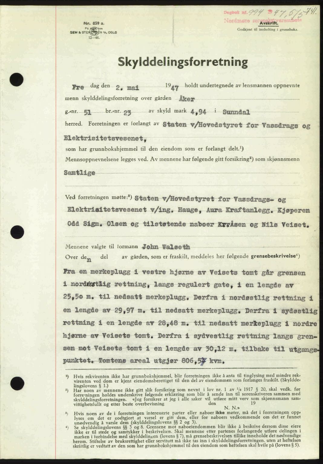 Nordmøre sorenskriveri, AV/SAT-A-4132/1/2/2Ca: Mortgage book no. A104, 1947-1947, Diary no: : 994/1947