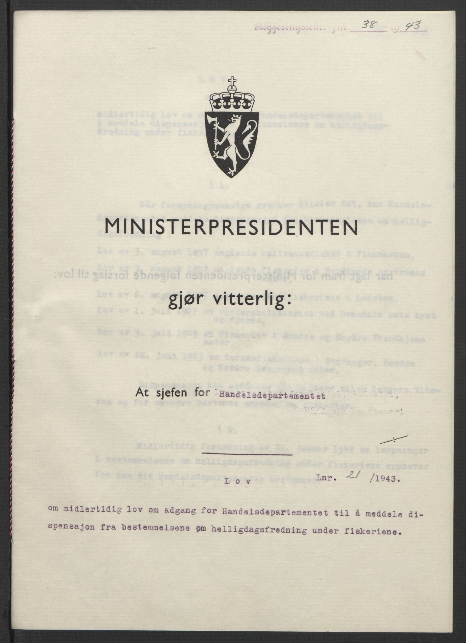 NS-administrasjonen 1940-1945 (Statsrådsekretariatet, de kommisariske statsråder mm), RA/S-4279/D/Db/L0099: Lover, 1943, p. 85