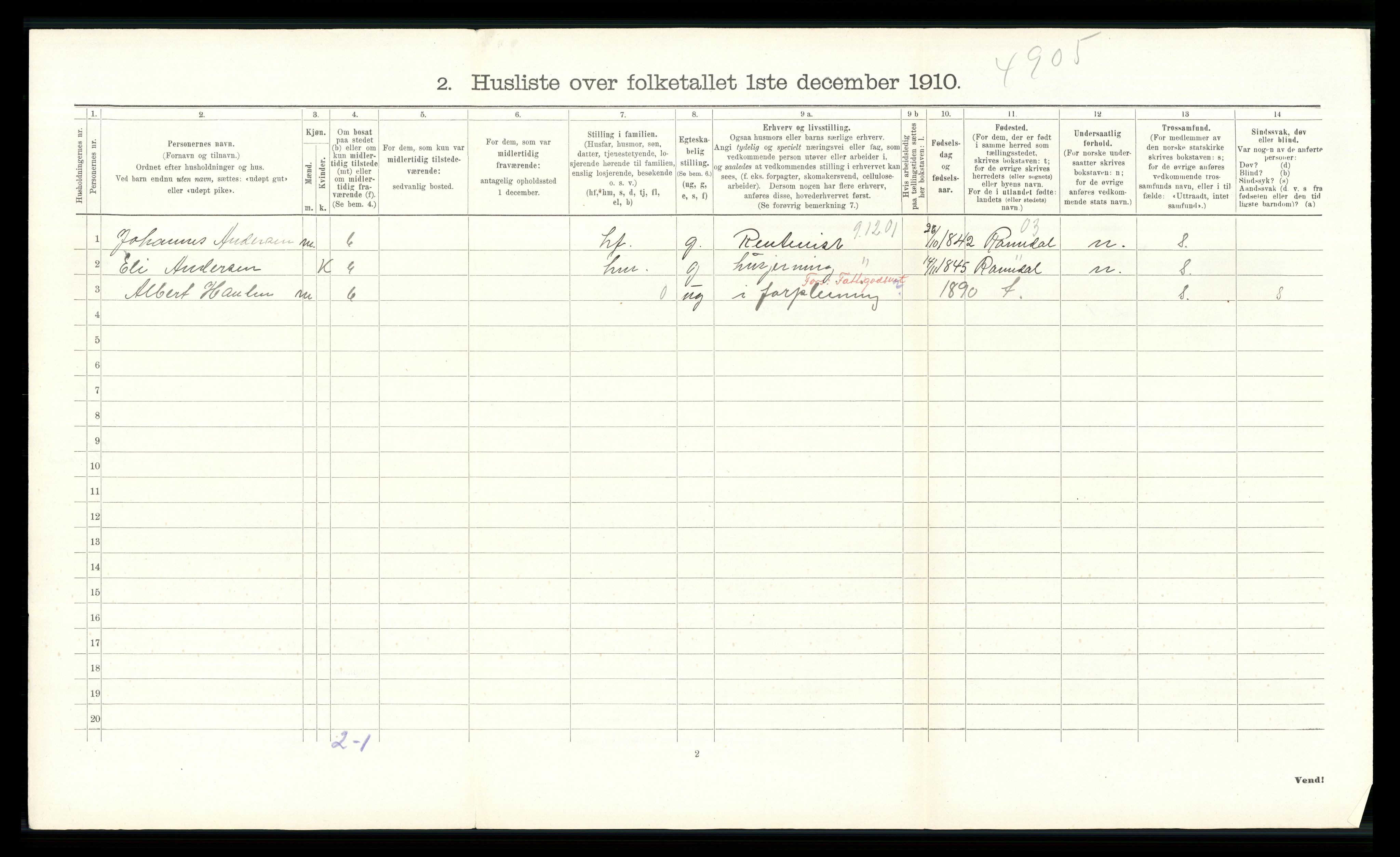 RA, 1910 census for Stange, 1910, p. 1707