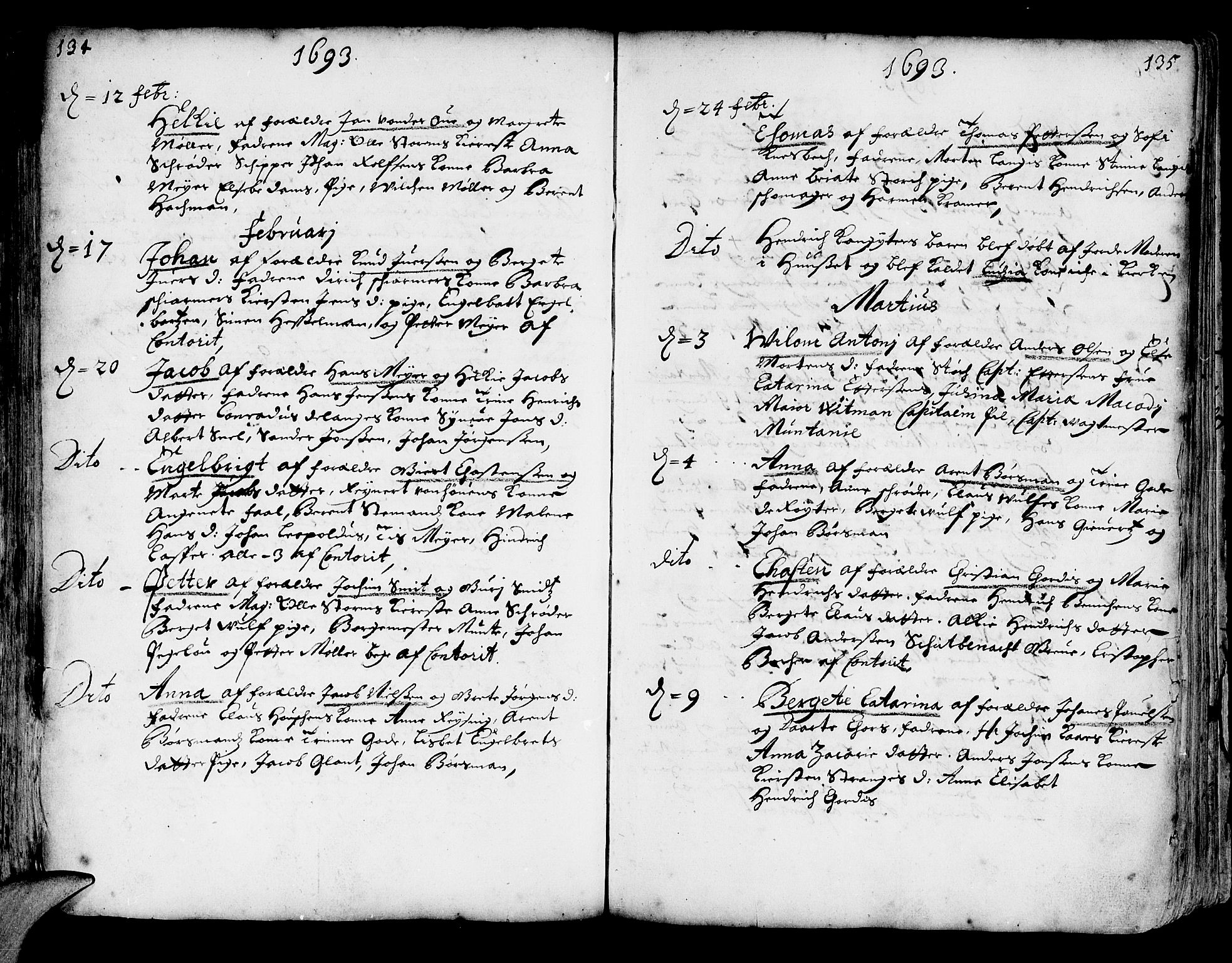 Korskirken sokneprestembete, AV/SAB-A-76101/H/Haa/L0002: Parish register (official) no. A 2, 1688-1697, p. 134-135