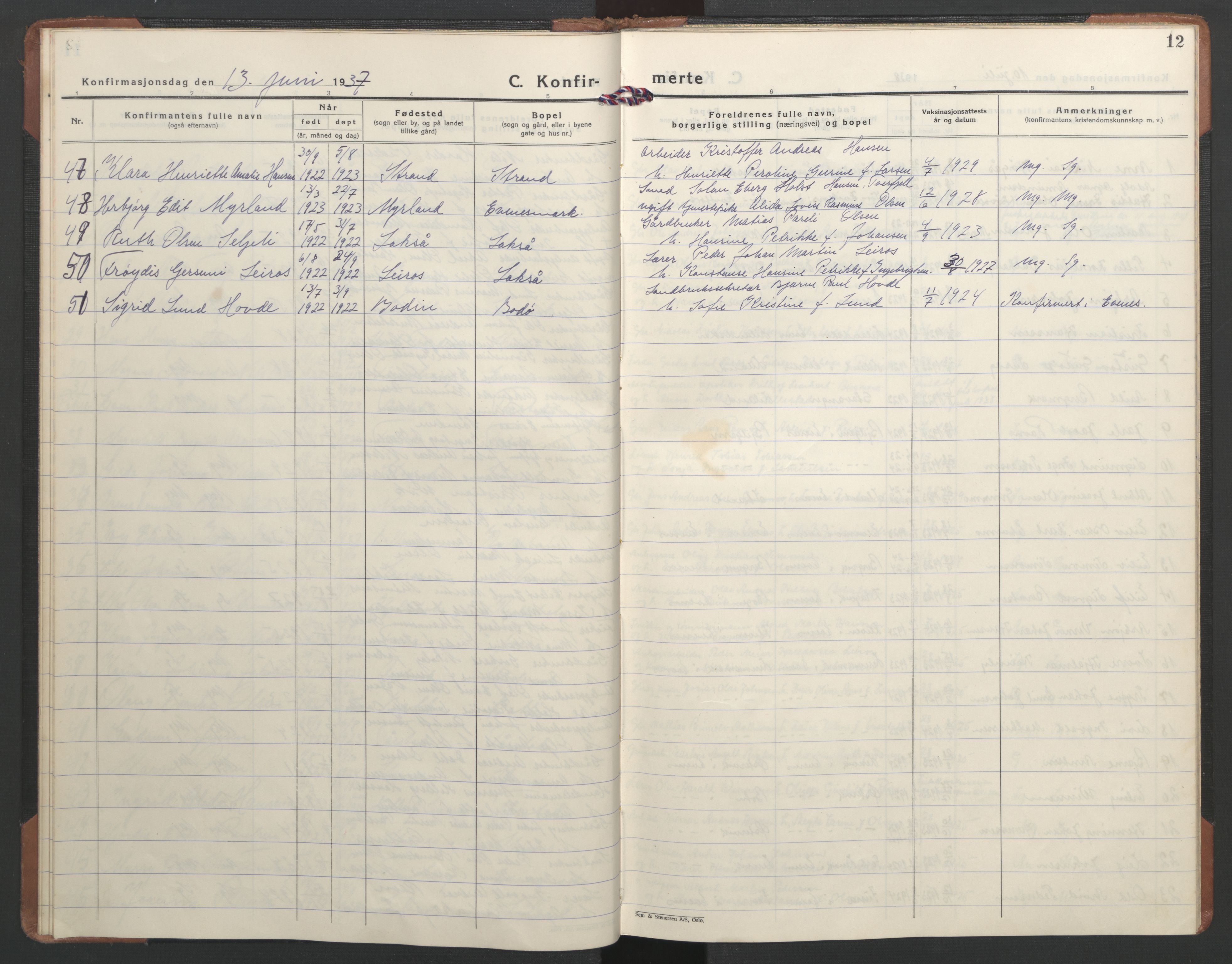 Ministerialprotokoller, klokkerbøker og fødselsregistre - Nordland, AV/SAT-A-1459/863/L0906: Parish register (official) no. 863A18, 1935-1954, p. 12