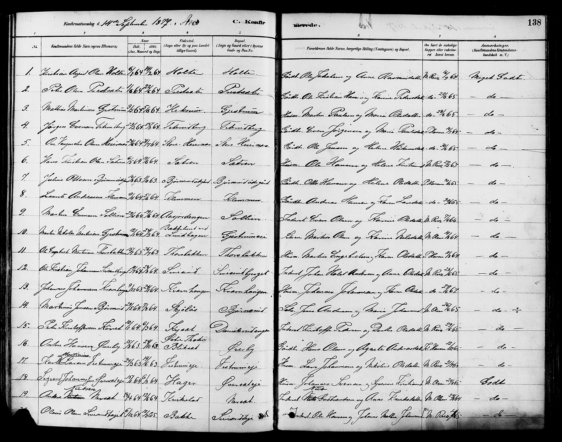 Vestre Toten prestekontor, SAH/PREST-108/H/Ha/Haa/L0009: Parish register (official) no. 9, 1878-1894, p. 138