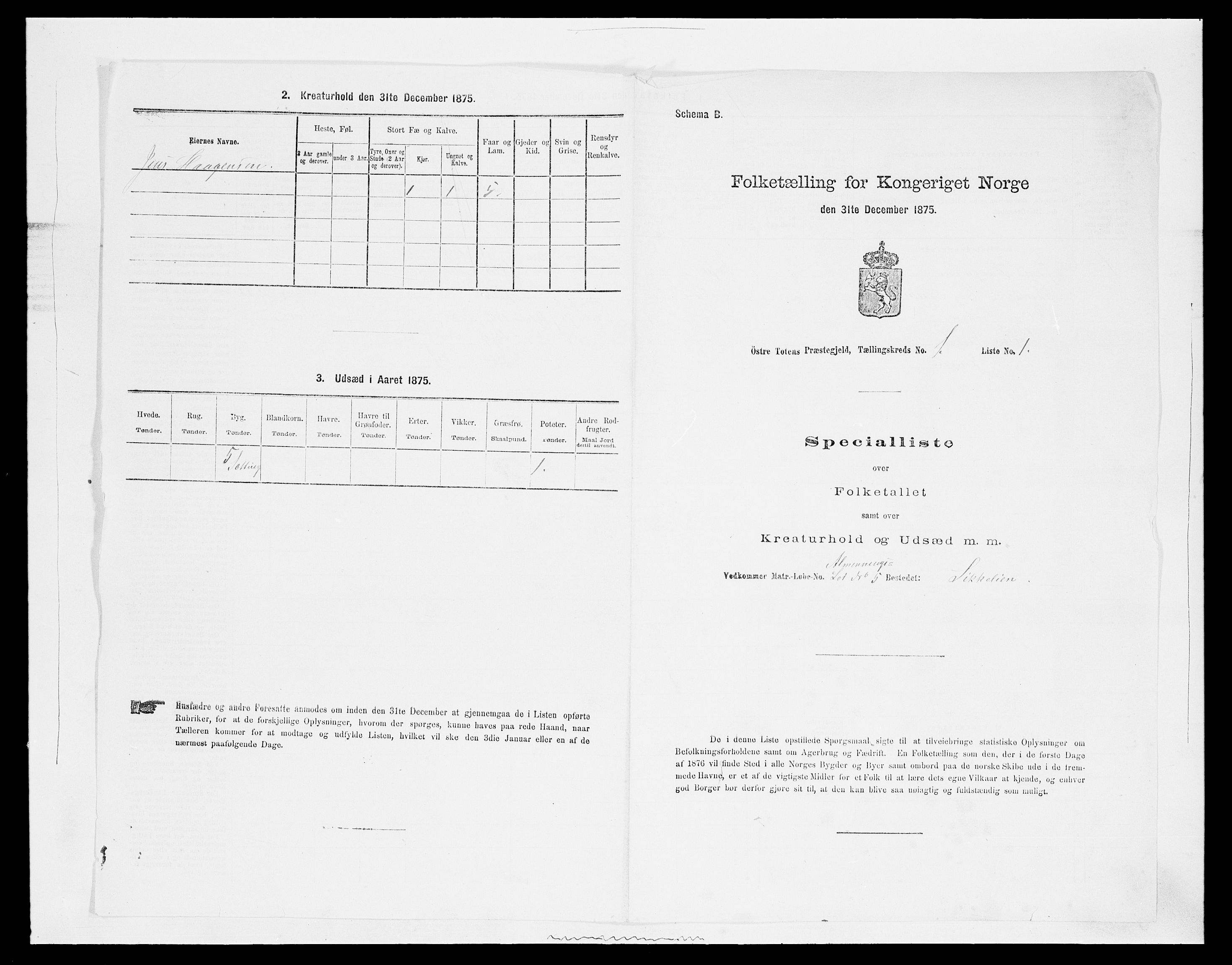 SAH, 1875 census for 0528P Østre Toten, 1875, p. 182