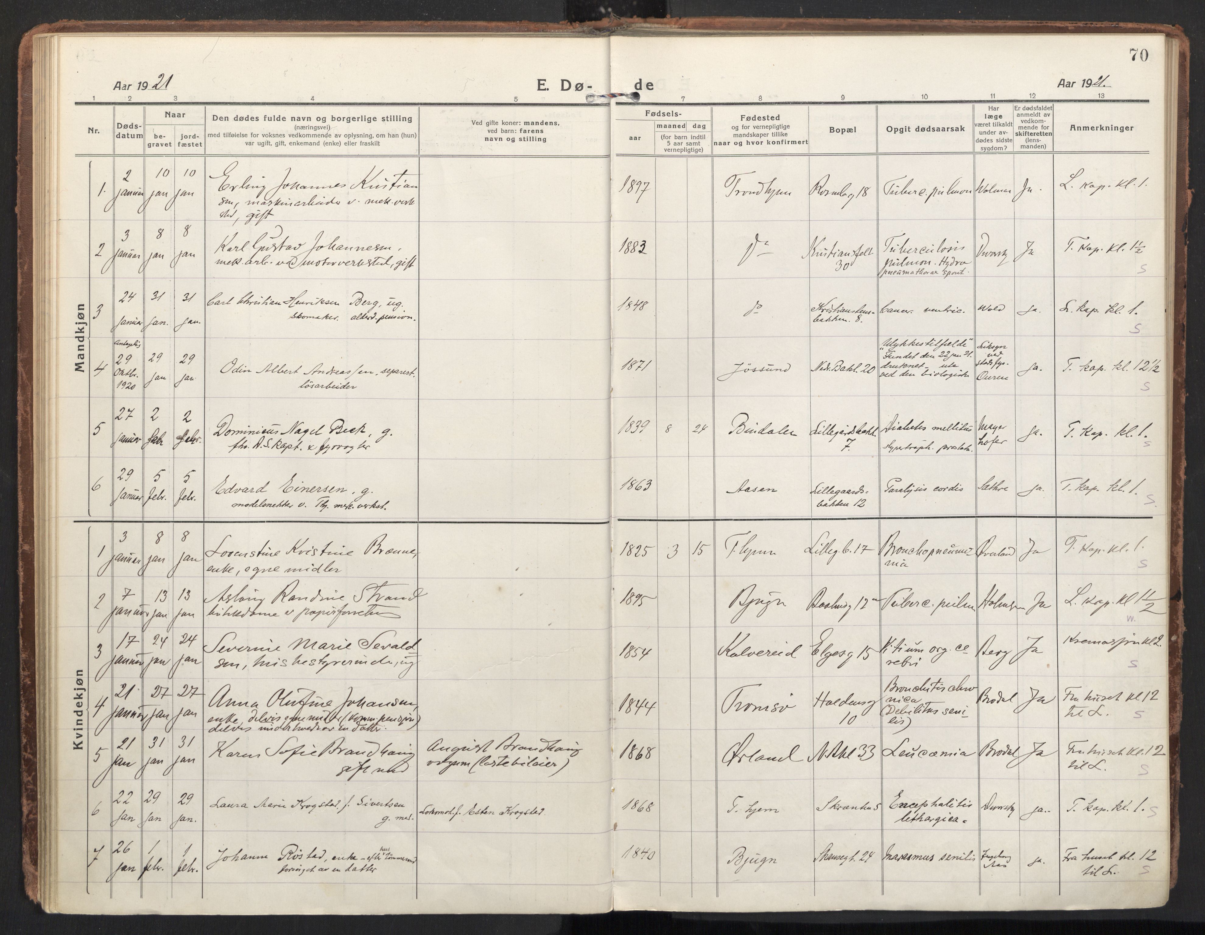 Ministerialprotokoller, klokkerbøker og fødselsregistre - Sør-Trøndelag, SAT/A-1456/604/L0207: Parish register (official) no. 604A27, 1917-1933, p. 70