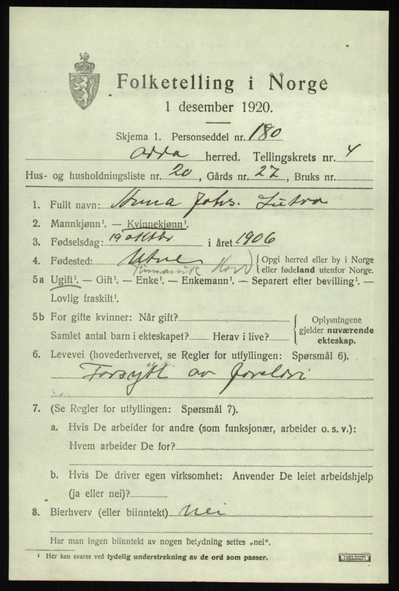 SAB, 1920 census for Odda, 1920, p. 2931