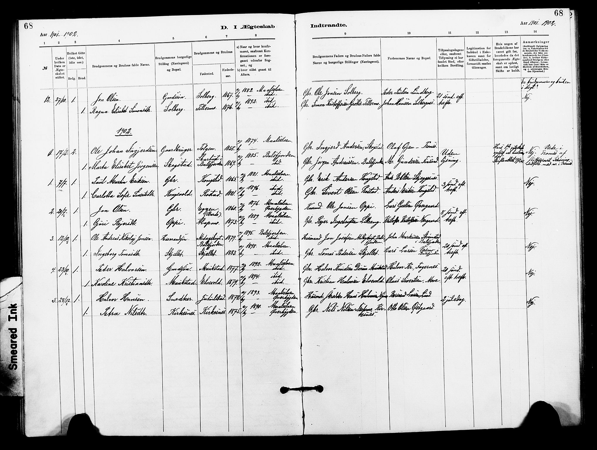 Målselv sokneprestembete, AV/SATØ-S-1311/G/Ga/Gaa/L0006kirke: Parish register (official) no. 6, 1884-1902, p. 68