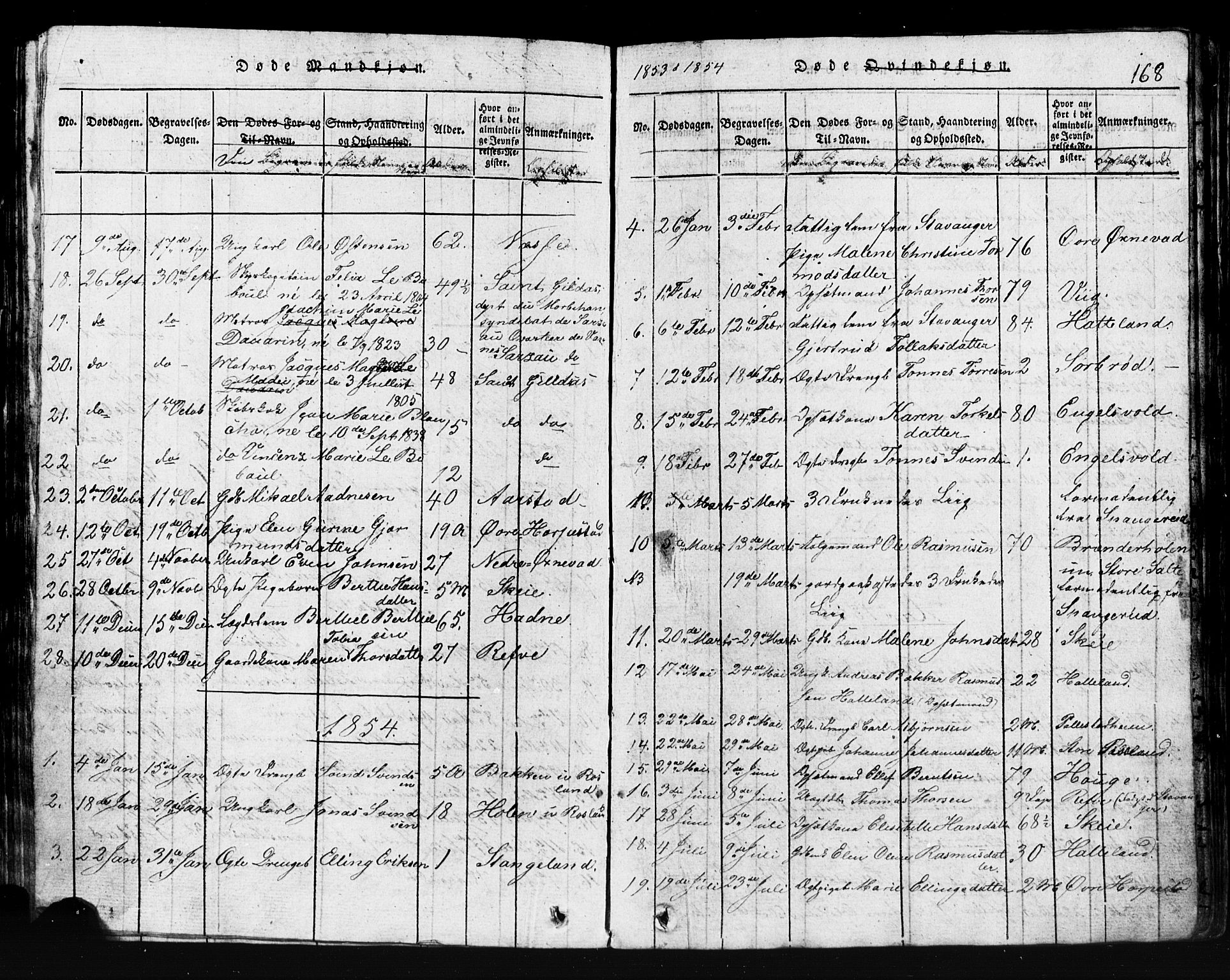 Klepp sokneprestkontor, SAST/A-101803/001/3/30BB/L0001: Parish register (copy) no.  B 1, 1816-1859, p. 168