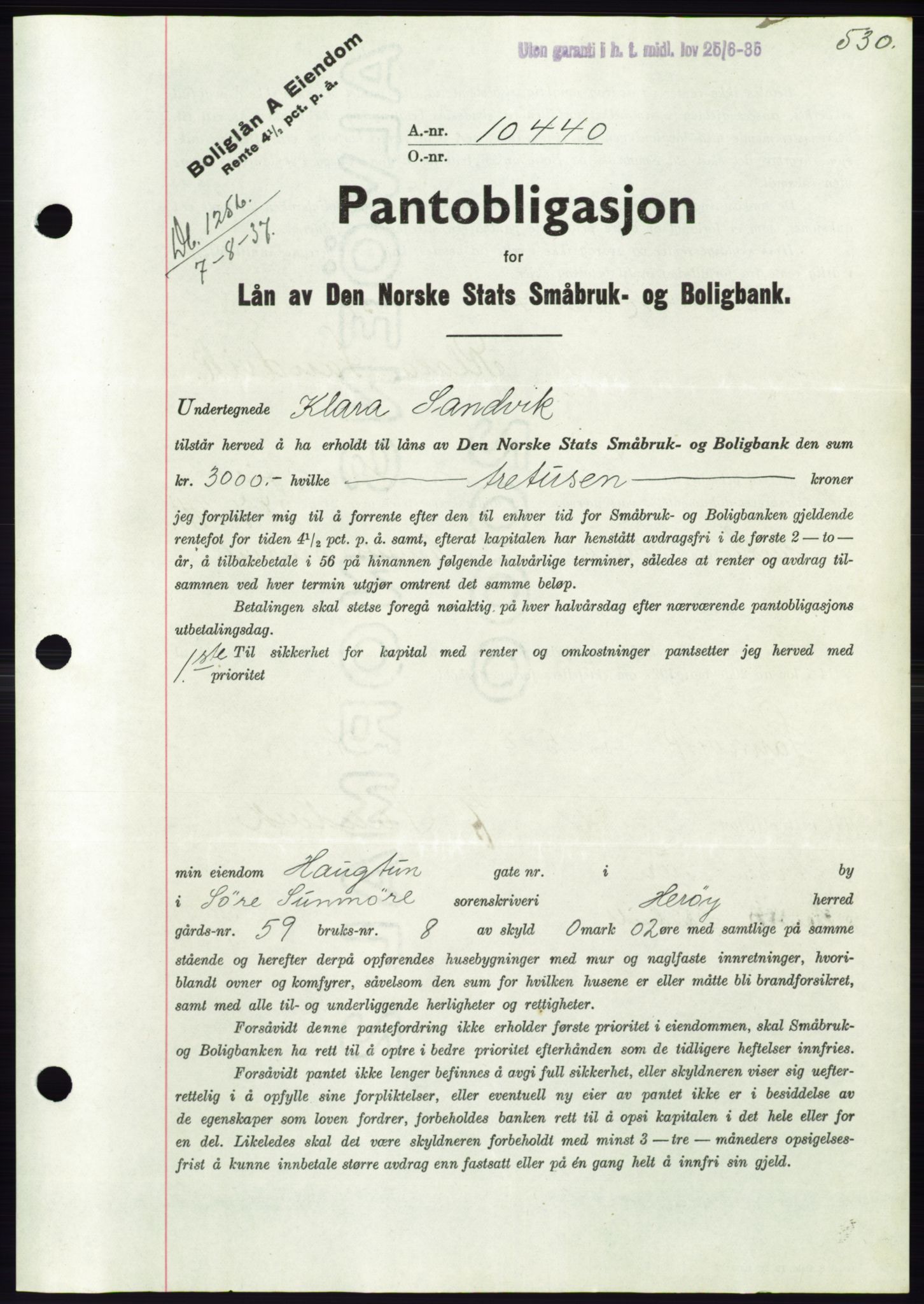 Søre Sunnmøre sorenskriveri, AV/SAT-A-4122/1/2/2C/L0063: Mortgage book no. 57, 1937-1937, Diary no: : 1256/1937