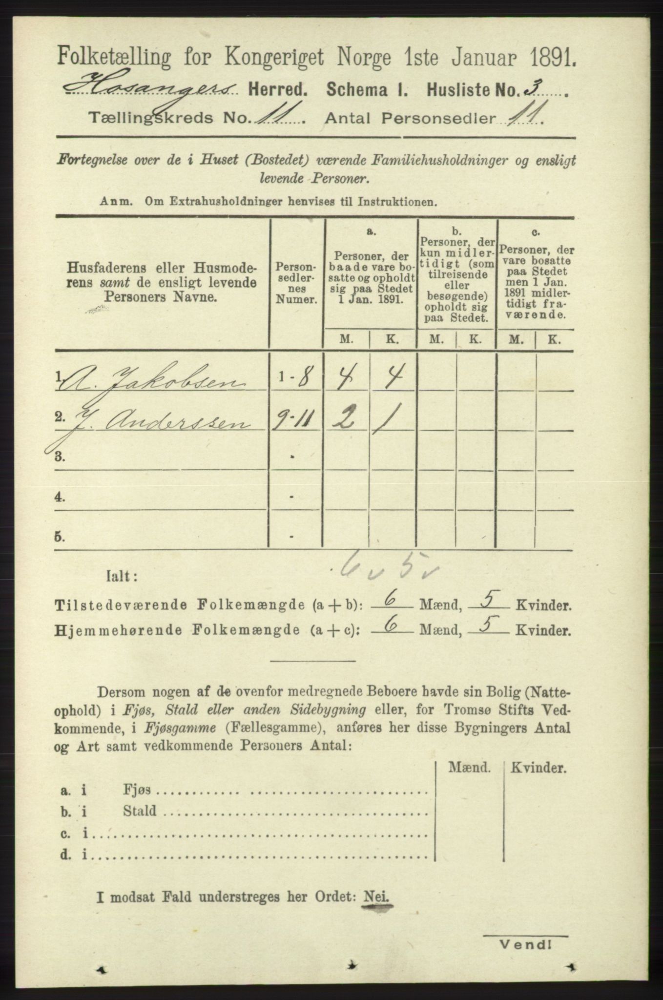 RA, 1891 census for 1253 Hosanger, 1891, p. 3661