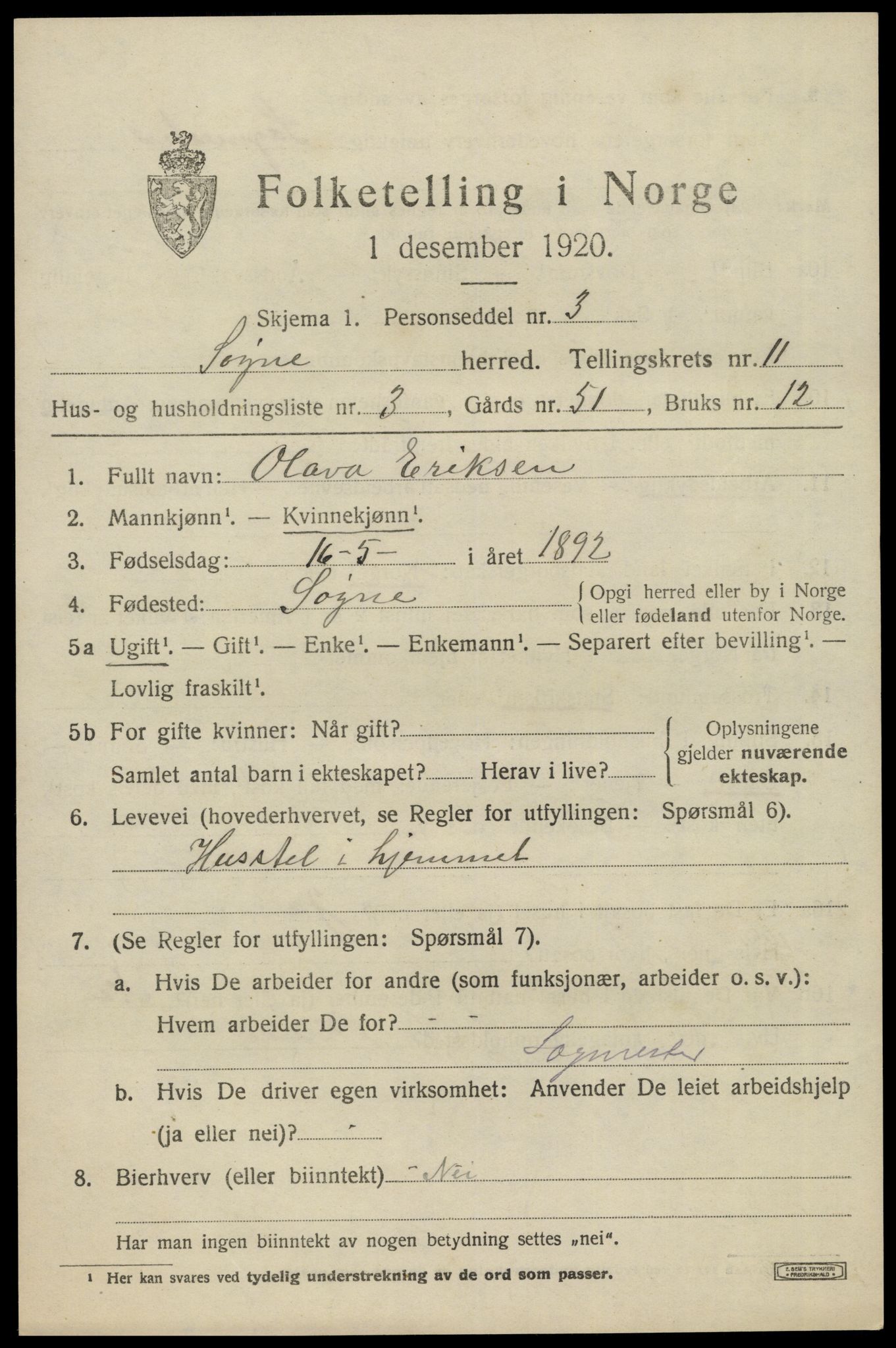 SAK, 1920 census for Søgne, 1920, p. 5643