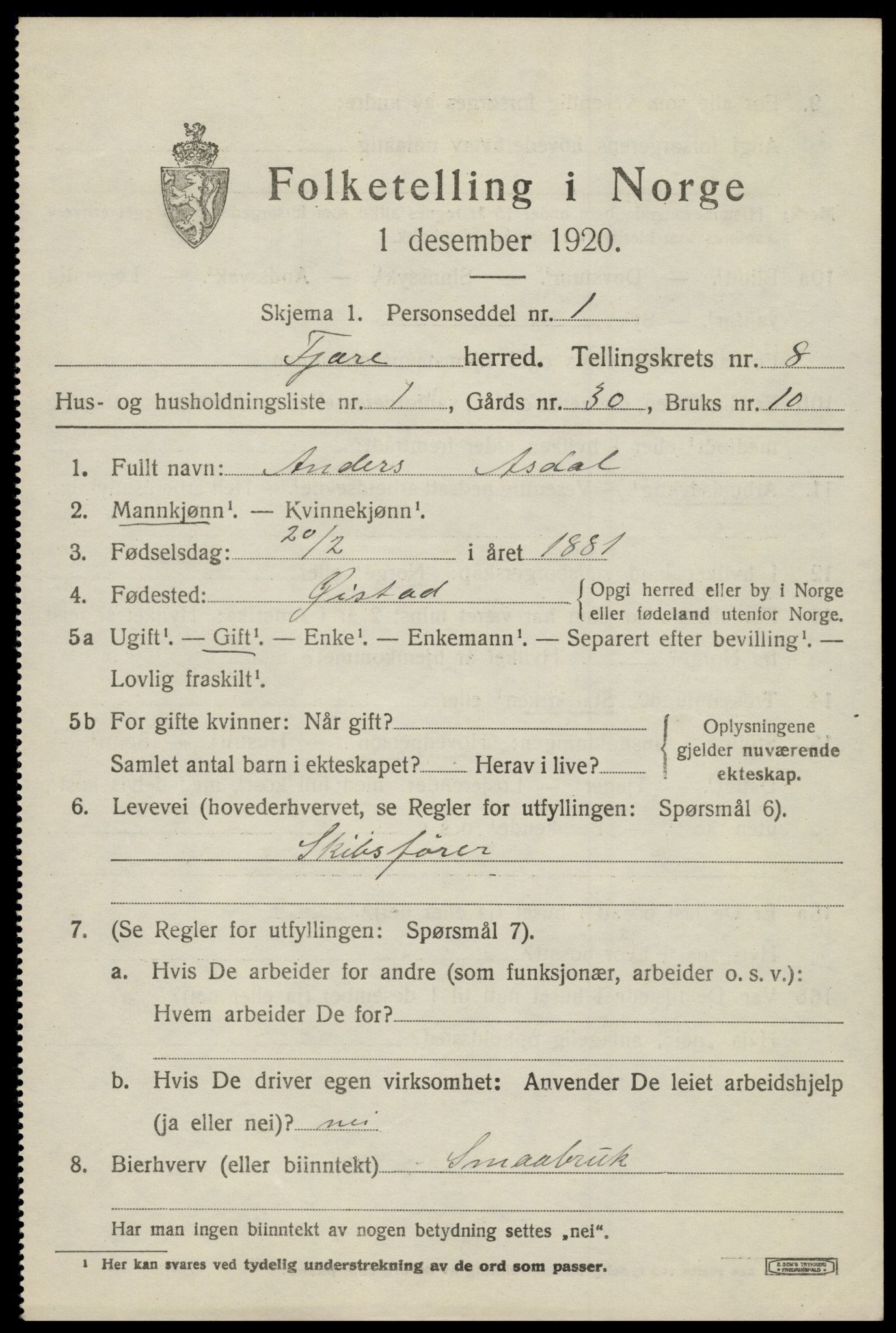 SAK, 1920 census for Fjære, 1920, p. 10387