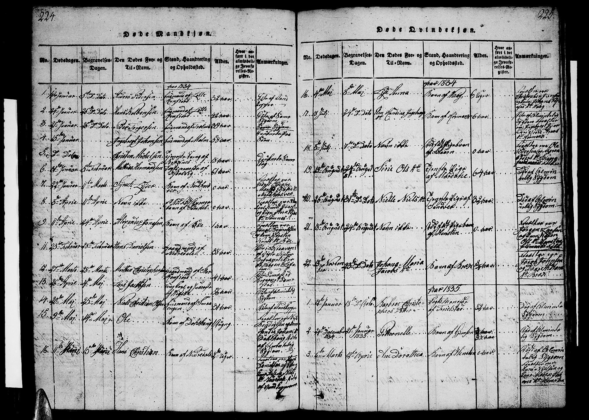Ministerialprotokoller, klokkerbøker og fødselsregistre - Nordland, SAT/A-1459/812/L0186: Parish register (copy) no. 812C04, 1820-1849, p. 224-225