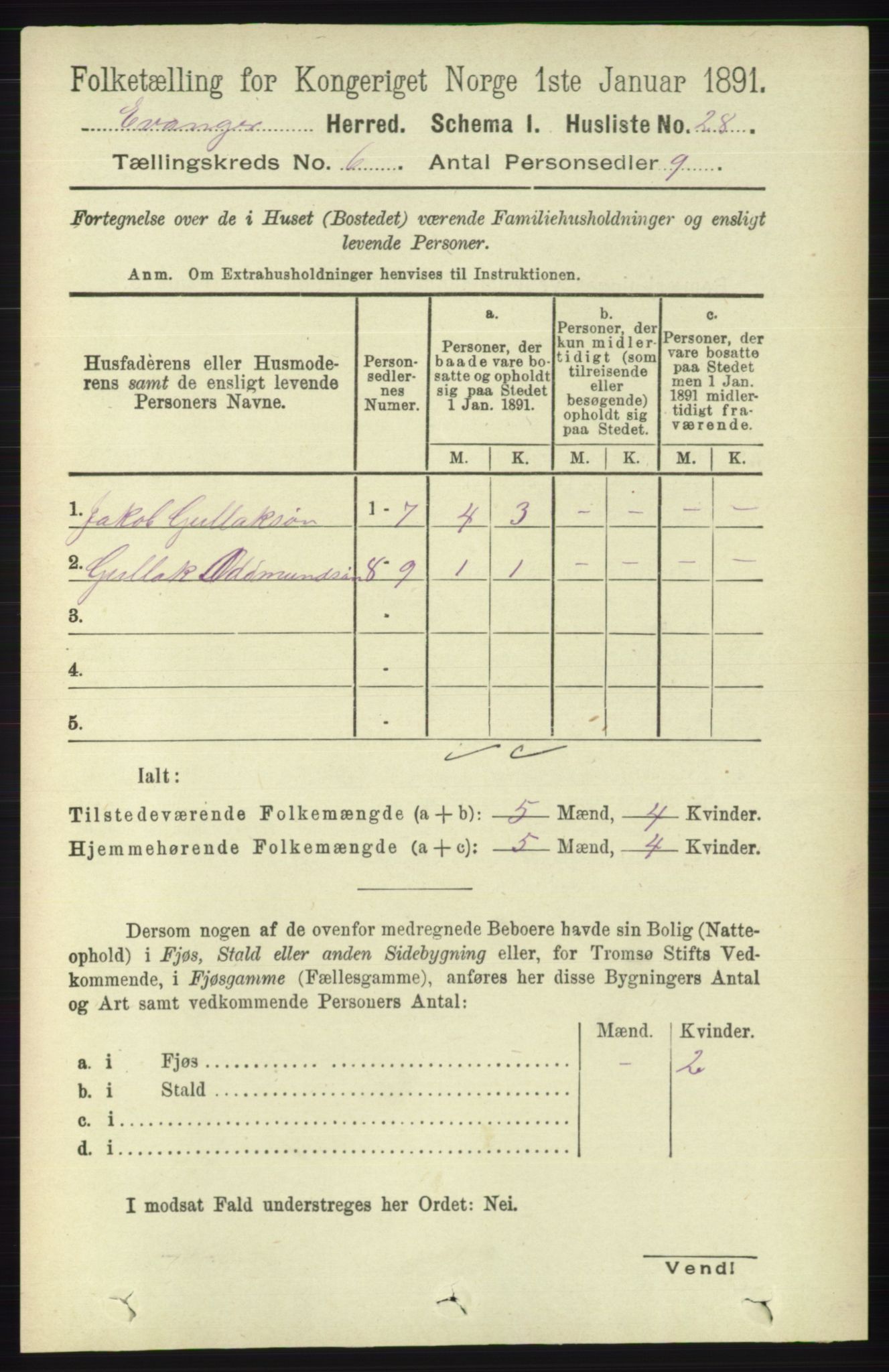 RA, 1891 census for 1237 Evanger, 1891, p. 1607