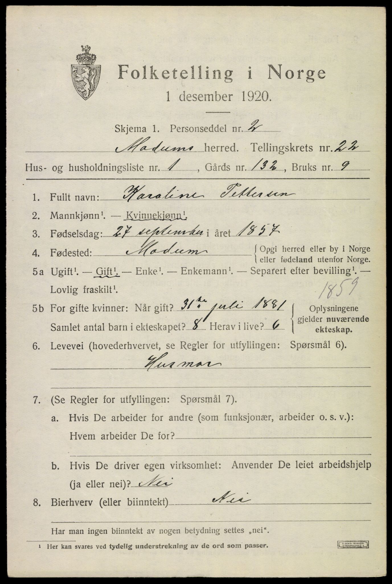 SAKO, 1920 census for Modum, 1920, p. 22971