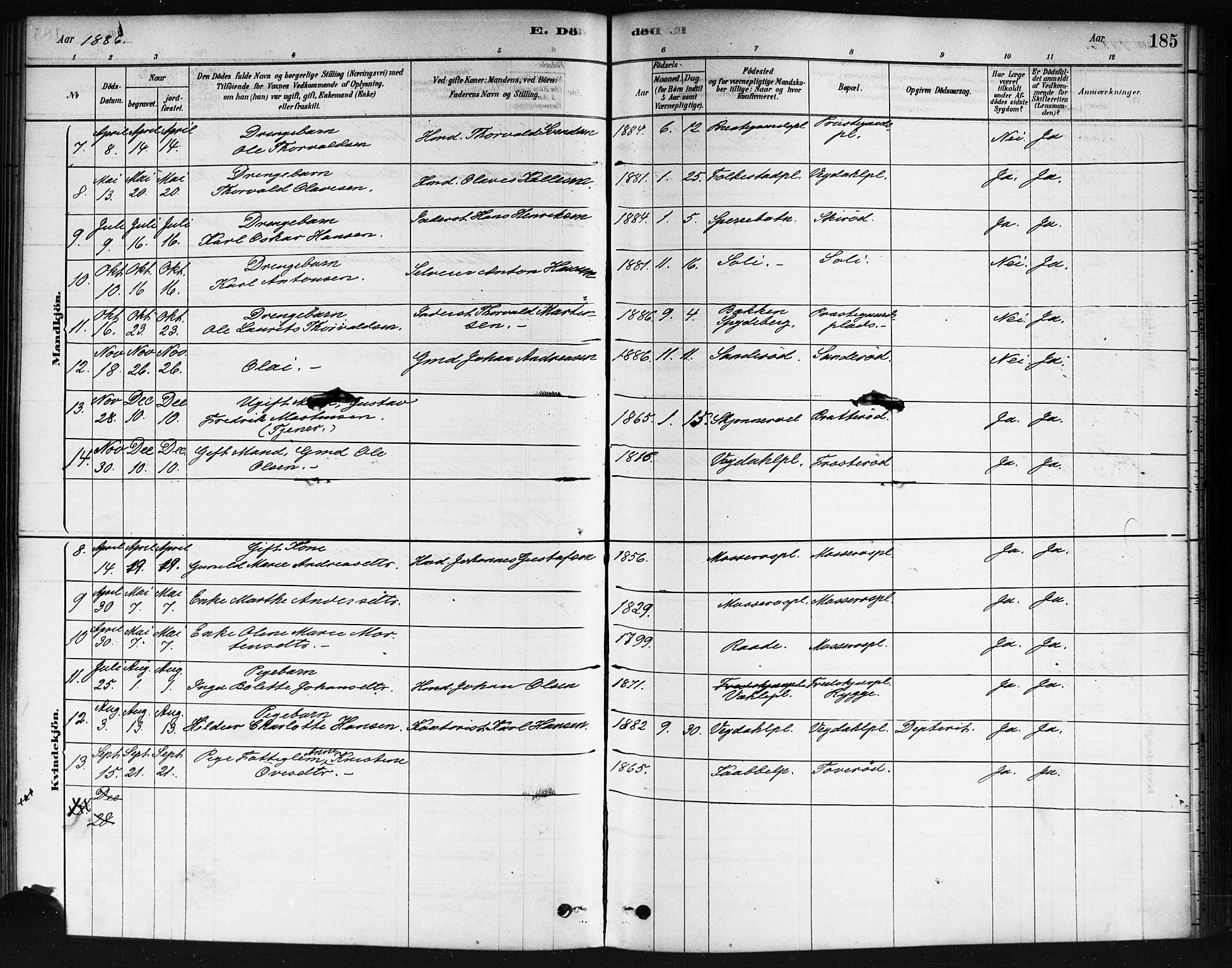 Våler prestekontor Kirkebøker, AV/SAO-A-11083/F/Fa/L0010: Parish register (official) no. I 10, 1878-1896, p. 185