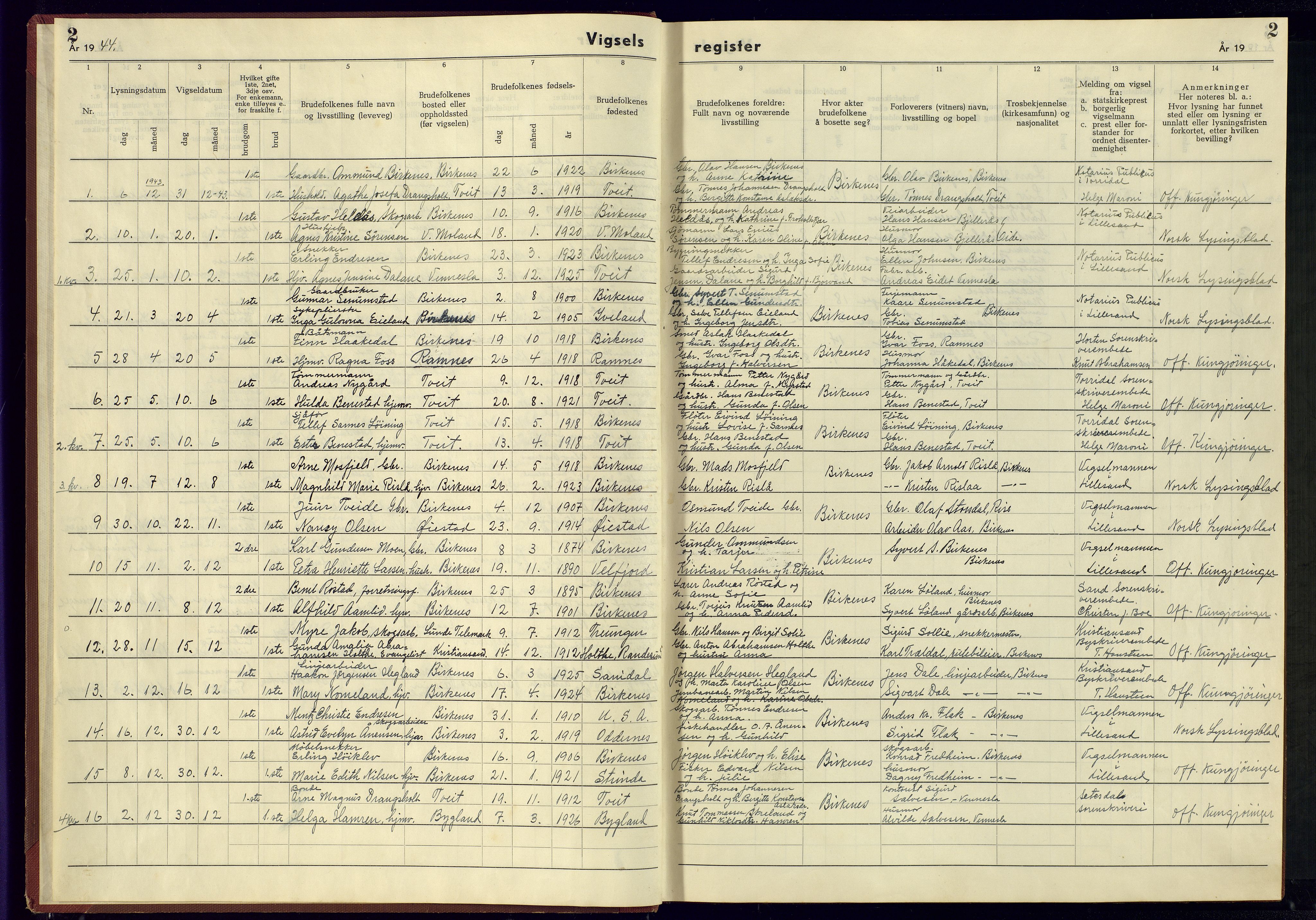 Birkenes sokneprestkontor, AV/SAK-1111-0004/J/Jb/L0002: Marriage register no. II.6.2, 1943-1951, p. 2