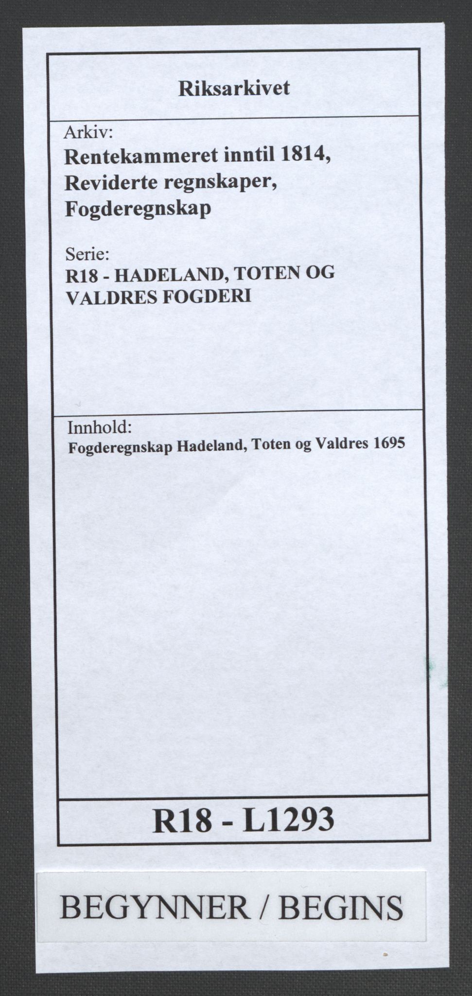 Rentekammeret inntil 1814, Reviderte regnskaper, Fogderegnskap, RA/EA-4092/R18/L1293: Fogderegnskap Hadeland, Toten og Valdres, 1695, p. 1