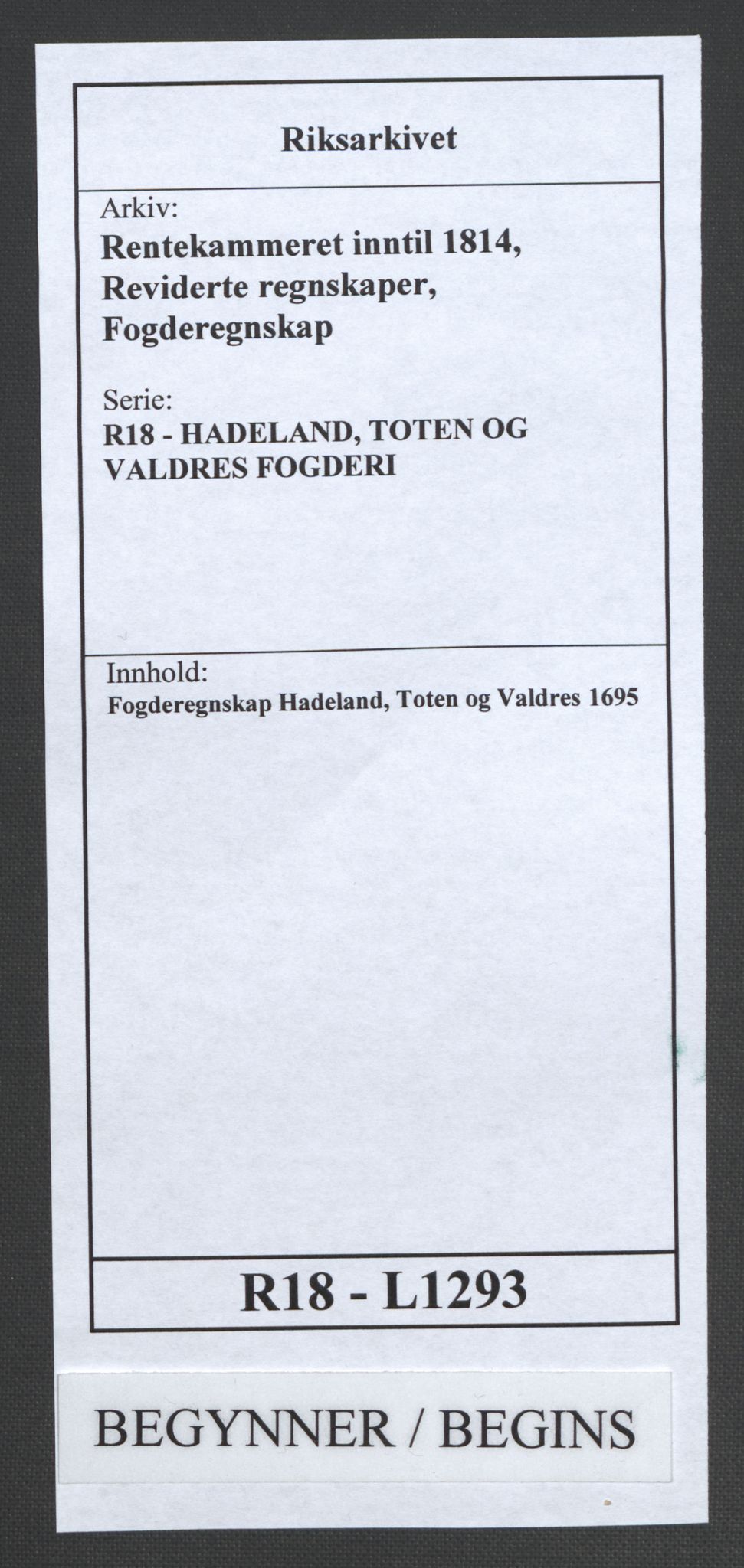 Rentekammeret inntil 1814, Reviderte regnskaper, Fogderegnskap, AV/RA-EA-4092/R18/L1293: Fogderegnskap Hadeland, Toten og Valdres, 1695, p. 1