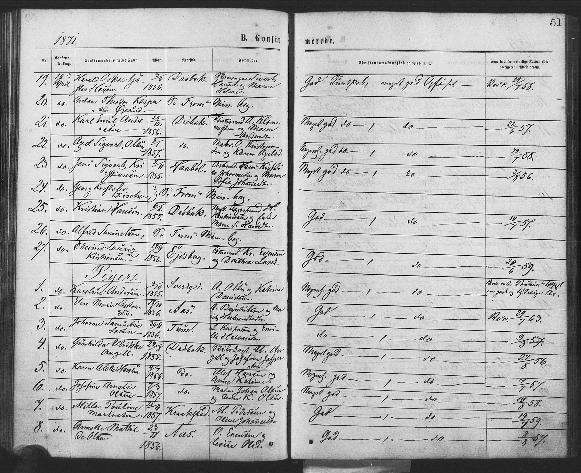 Drøbak prestekontor Kirkebøker, SAO/A-10142a/F/Fa/L0003: Parish register (official) no. I 3, 1871-1877, p. 51
