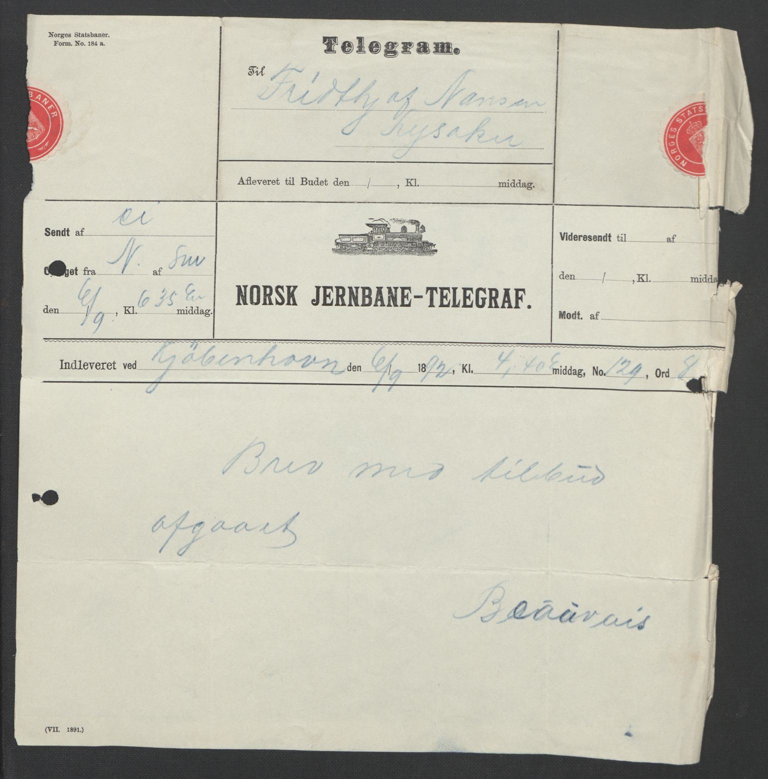 Arbeidskomitéen for Fridtjof Nansens polarekspedisjon, AV/RA-PA-0061/D/L0004: Innk. brev og telegrammer vedr. proviant og utrustning, 1892-1893, p. 38