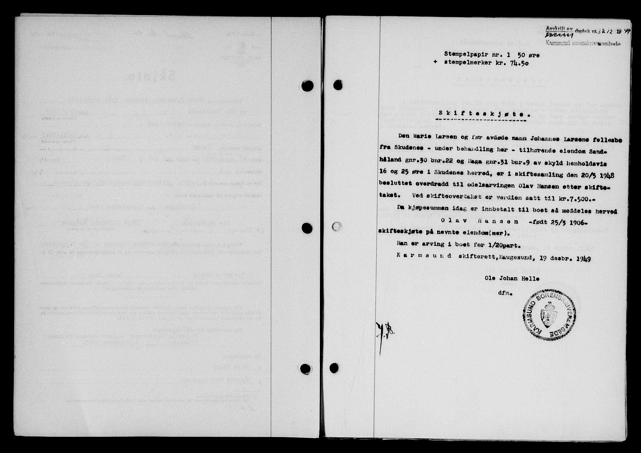 Karmsund sorenskriveri, SAST/A-100311/01/II/IIB/L0098: Mortgage book no. 78A, 1949-1950, Diary no: : 3712/1949