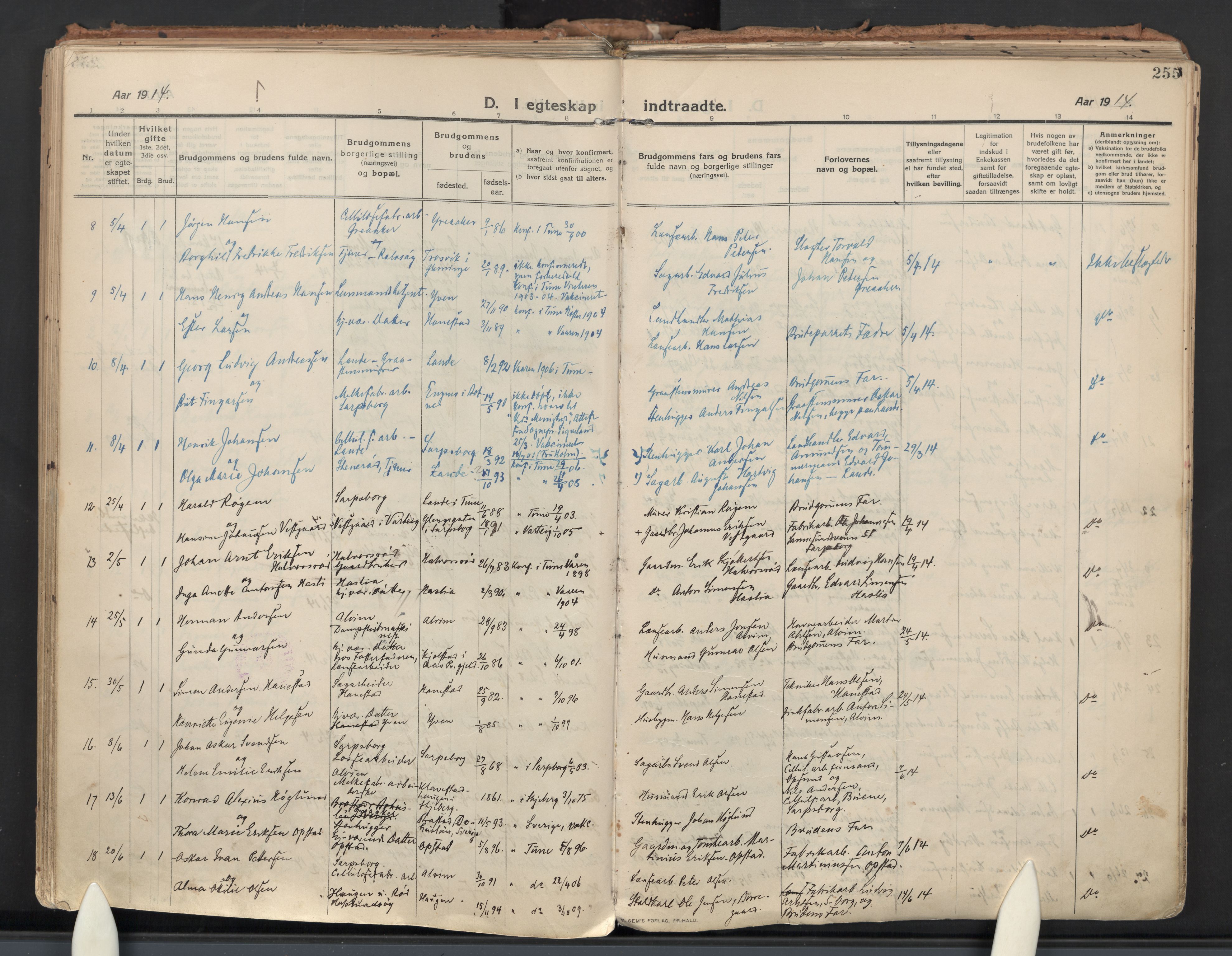 Tune prestekontor Kirkebøker, AV/SAO-A-2007/F/Fa/L0021: Parish register (official) no. 21, 1910-1916, p. 255