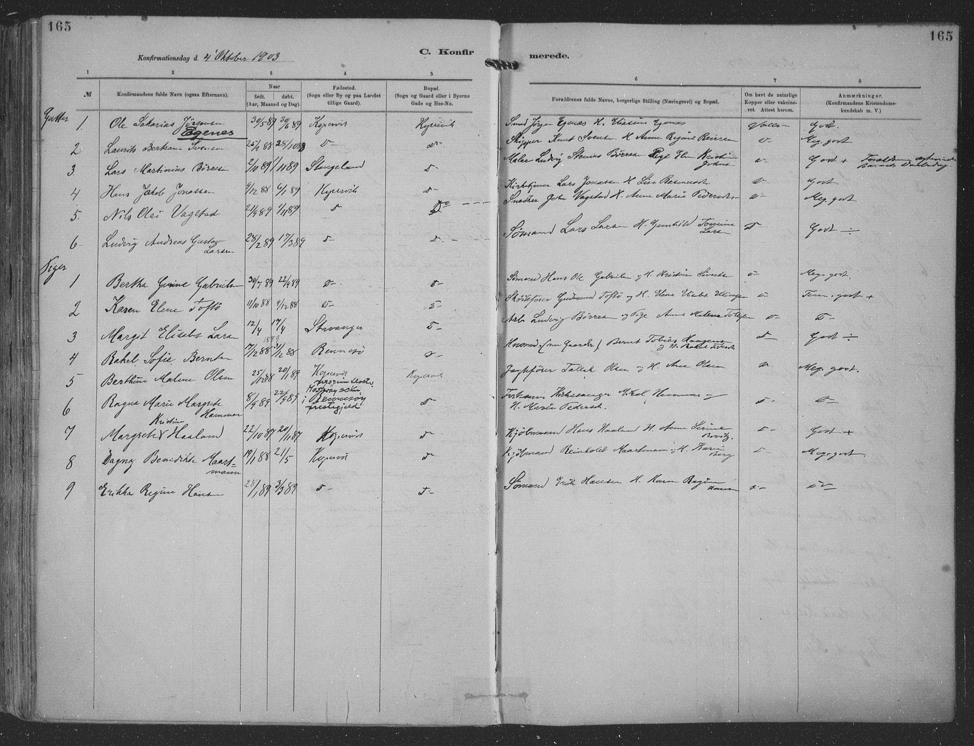 Kopervik sokneprestkontor, SAST/A-101850/H/Ha/Haa/L0001: Parish register (official) no. A 1, 1880-1919, p. 165