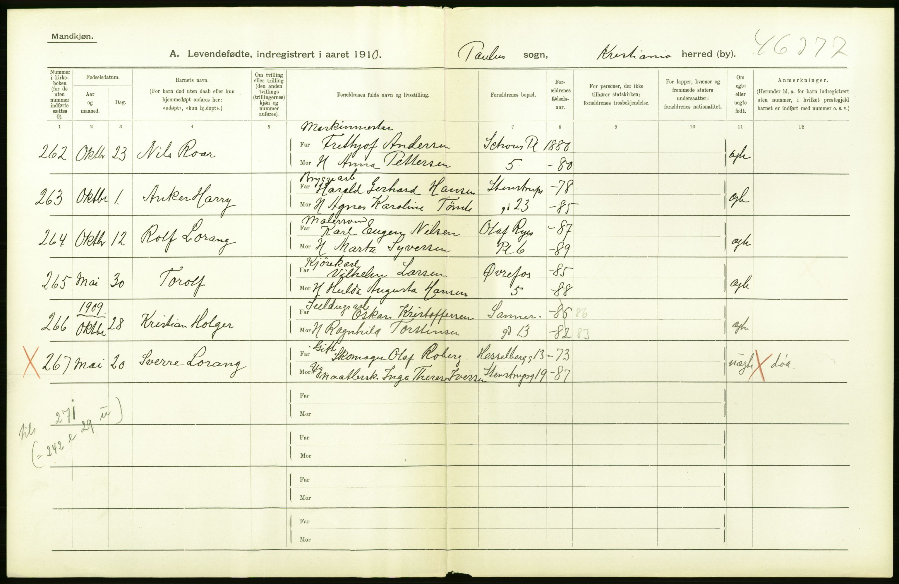 Statistisk sentralbyrå, Sosiodemografiske emner, Befolkning, AV/RA-S-2228/D/Df/Dfa/Dfah/L0006: Kristiania: Levendefødte menn., 1910, p. 246