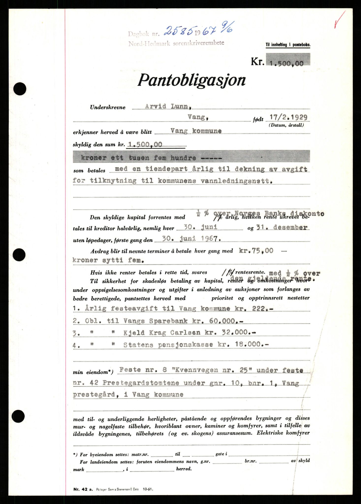 Nord-Hedmark sorenskriveri, SAH/TING-012/H/Hb/Hbf/L0071: Mortgage book no. B71, 1967-1967, Diary no: : 2585/1967