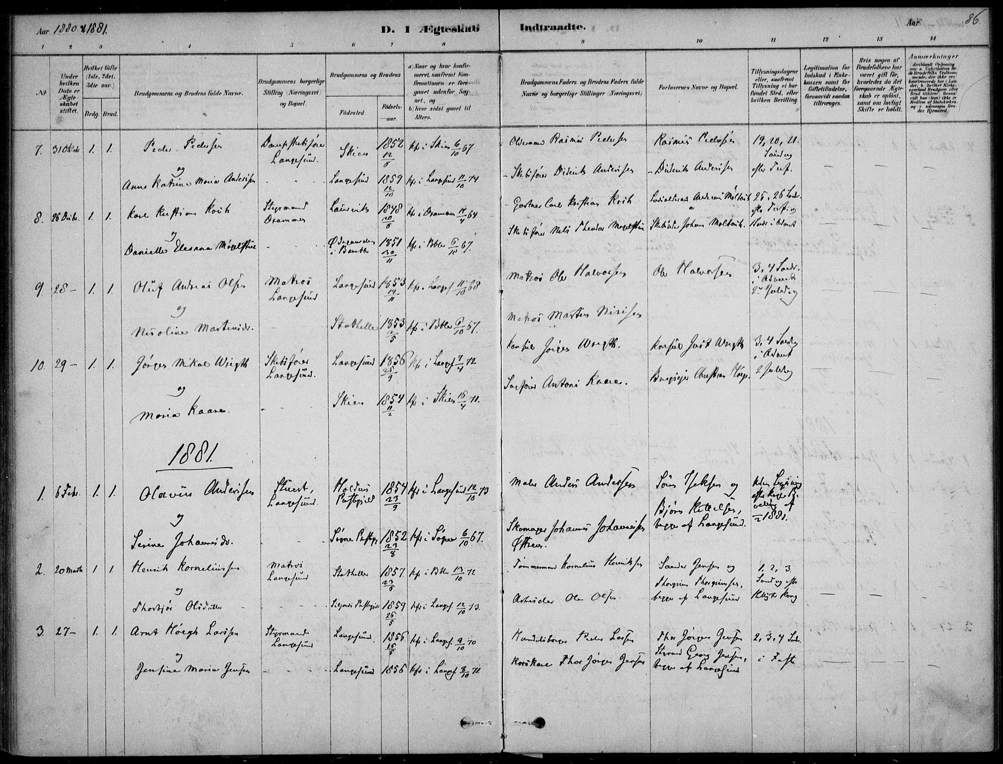 Langesund kirkebøker, SAKO/A-280/F/Fa/L0002: Parish register (official) no. 2, 1878-1892, p. 86