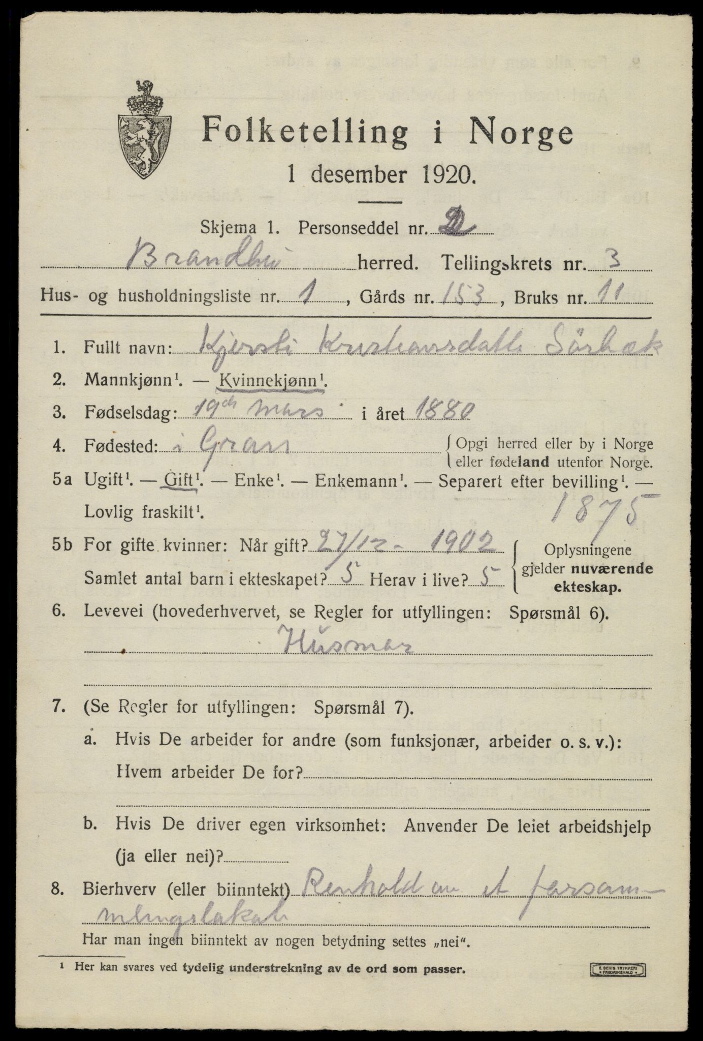 SAH, 1920 census for Brandbu, 1920, p. 8019