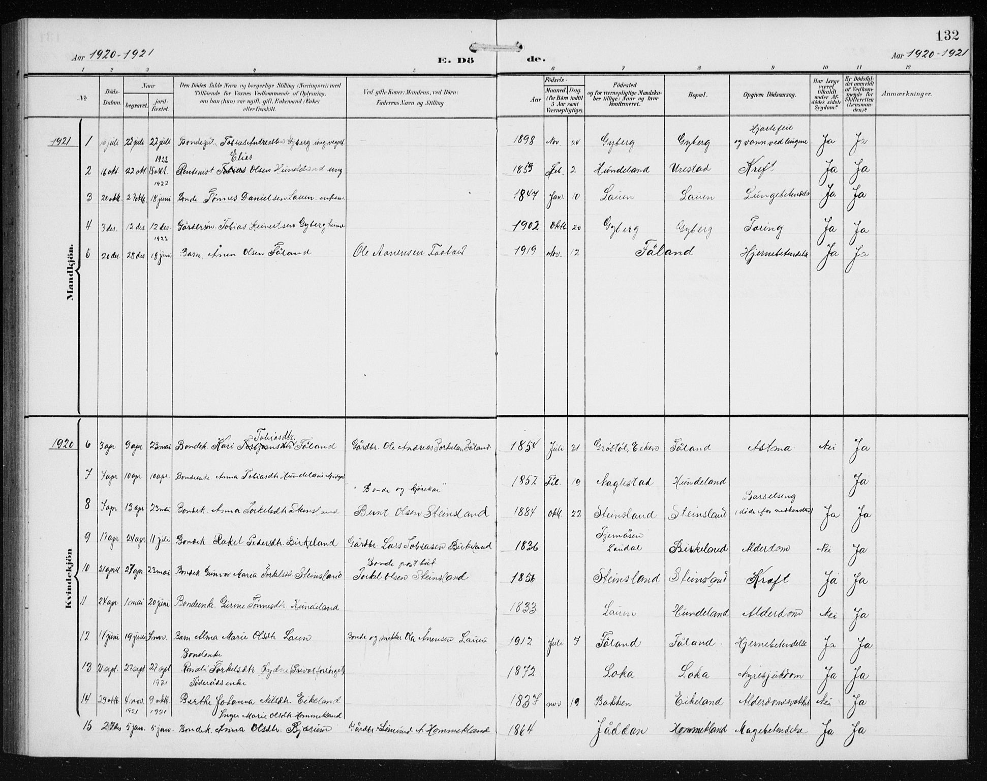 Hægebostad sokneprestkontor, SAK/1111-0024/F/Fb/Fba/L0005: Parish register (copy) no. B 5, 1907-1931, p. 132